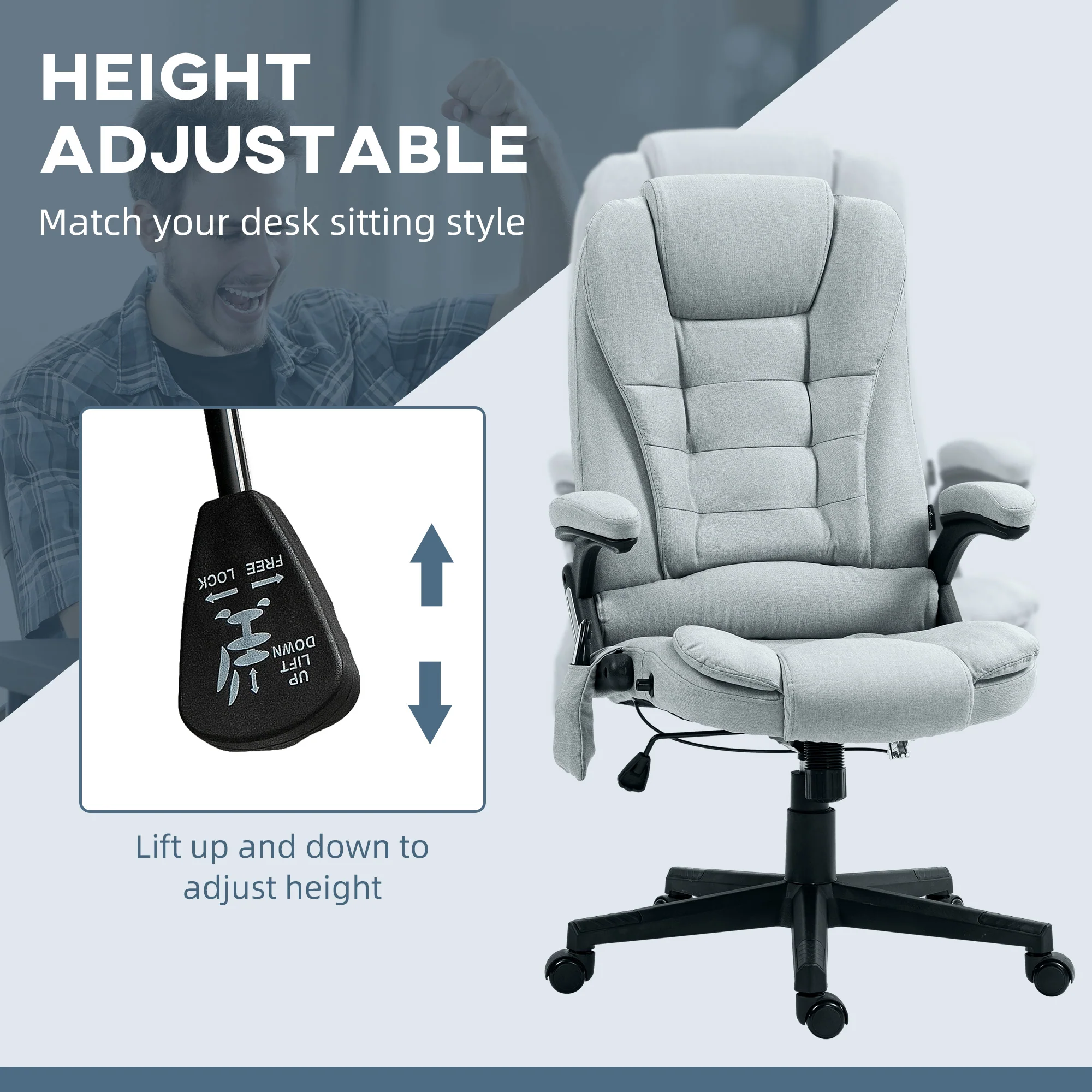 6 Points Heated Massage Office Chair, Linen High Back Executive Office Chair, Light Gray - Image 7