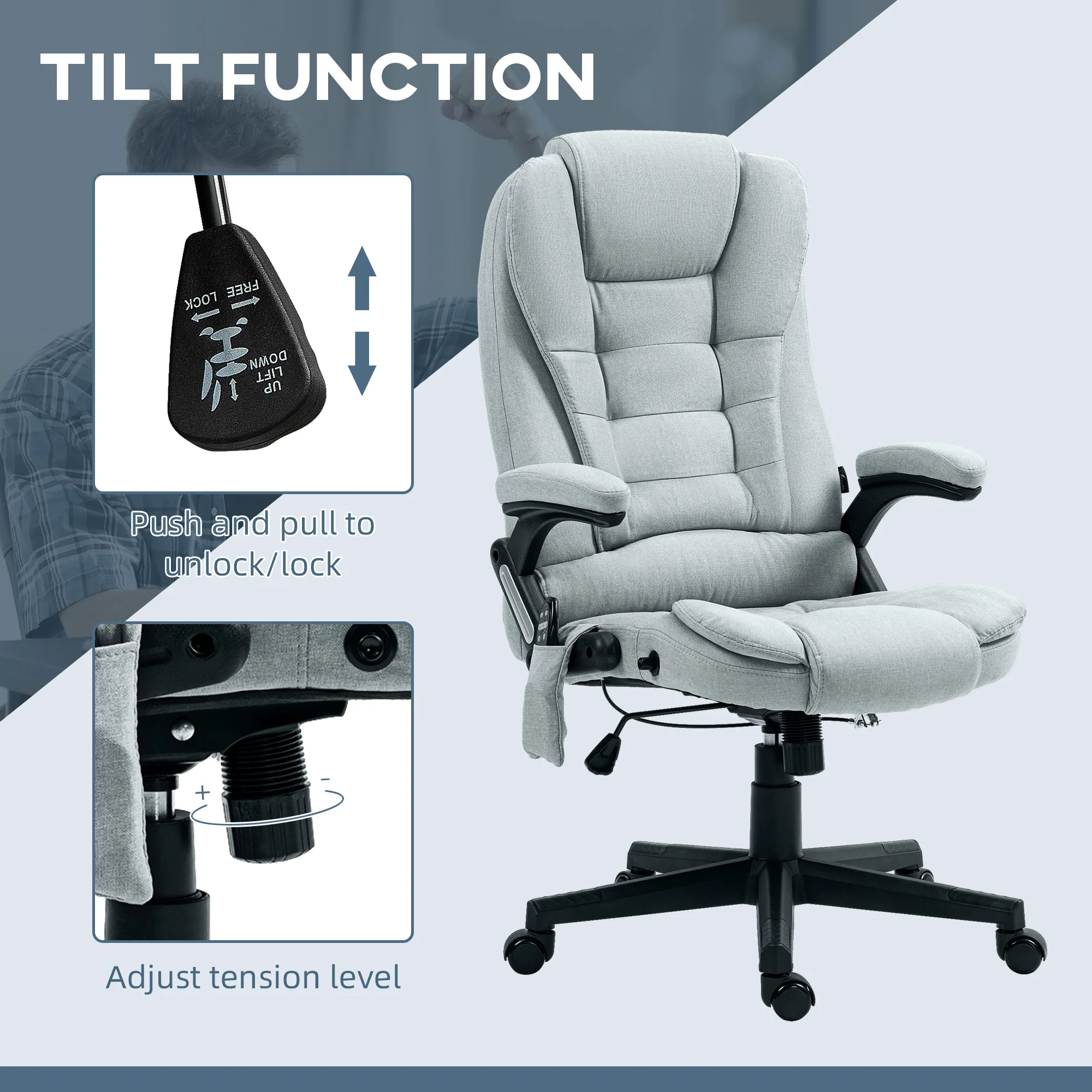 6 Points Heated Massage Office Chair, Linen High Back Executive Office Chair, Light Gray - Image 8