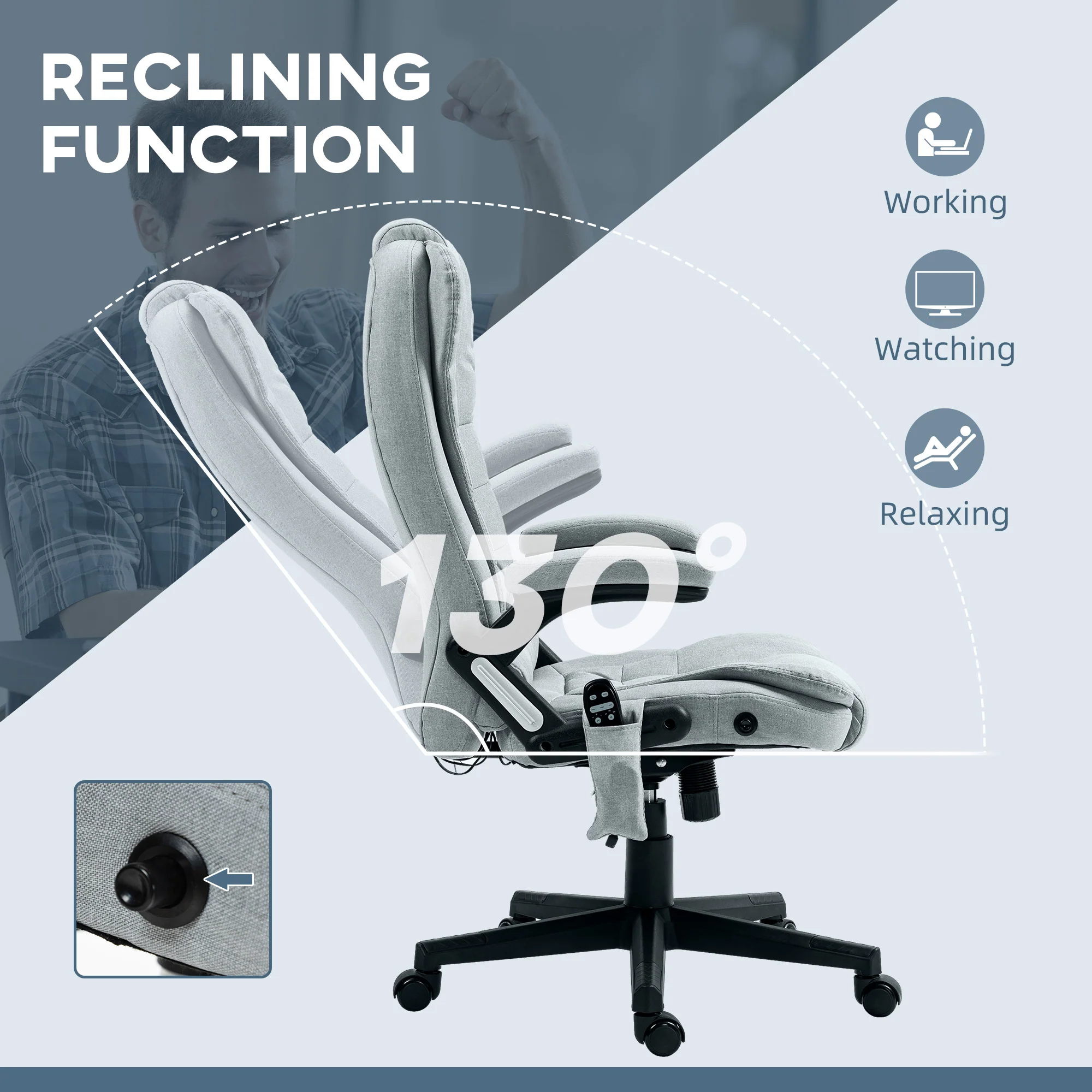 6 Points Heated Massage Office Chair, Linen High Back Executive Office Chair, Light Gray - Image 9