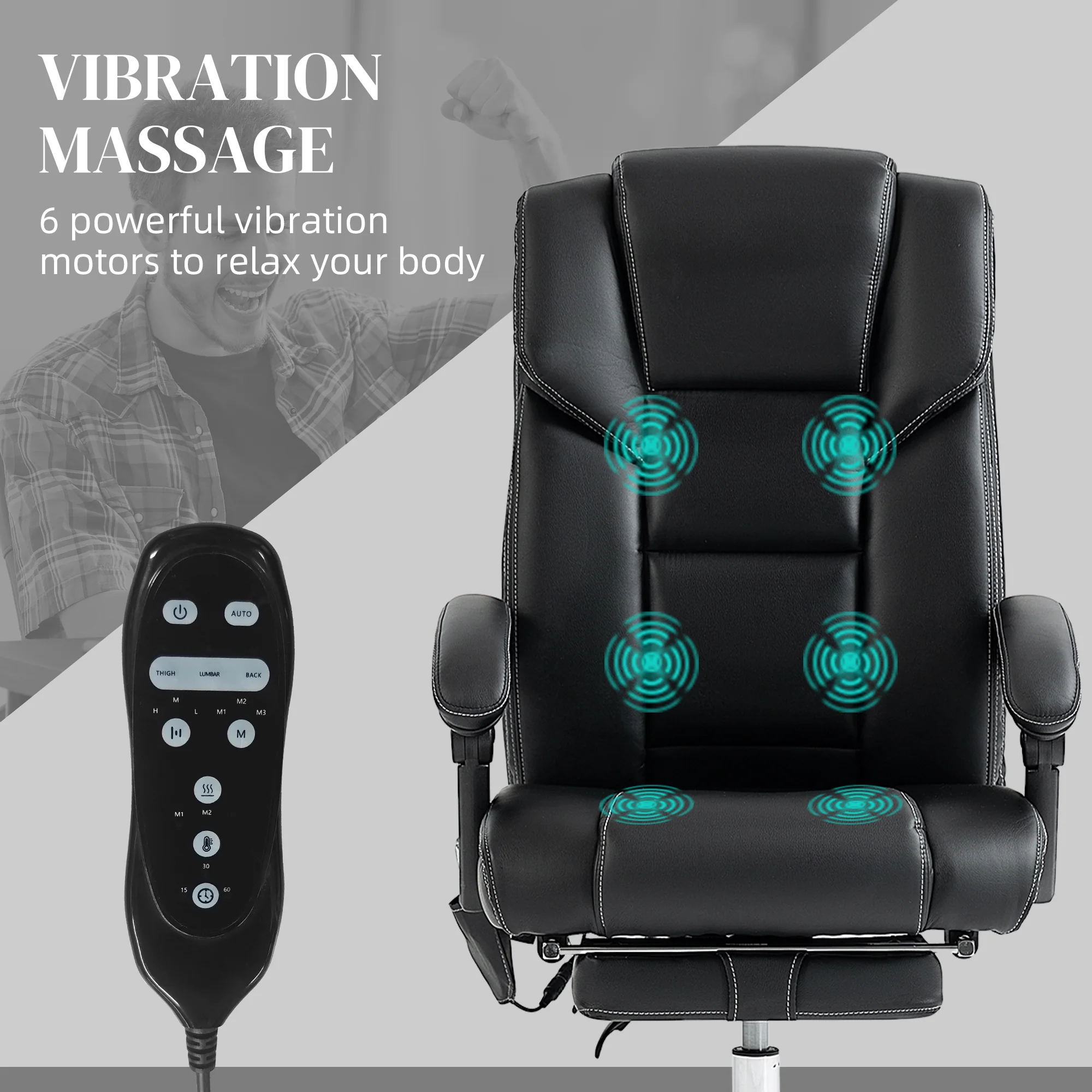 6 Point Massage Office Chair w/ Heat, Reclining Back &  Adjustable Height, Black - Image 6