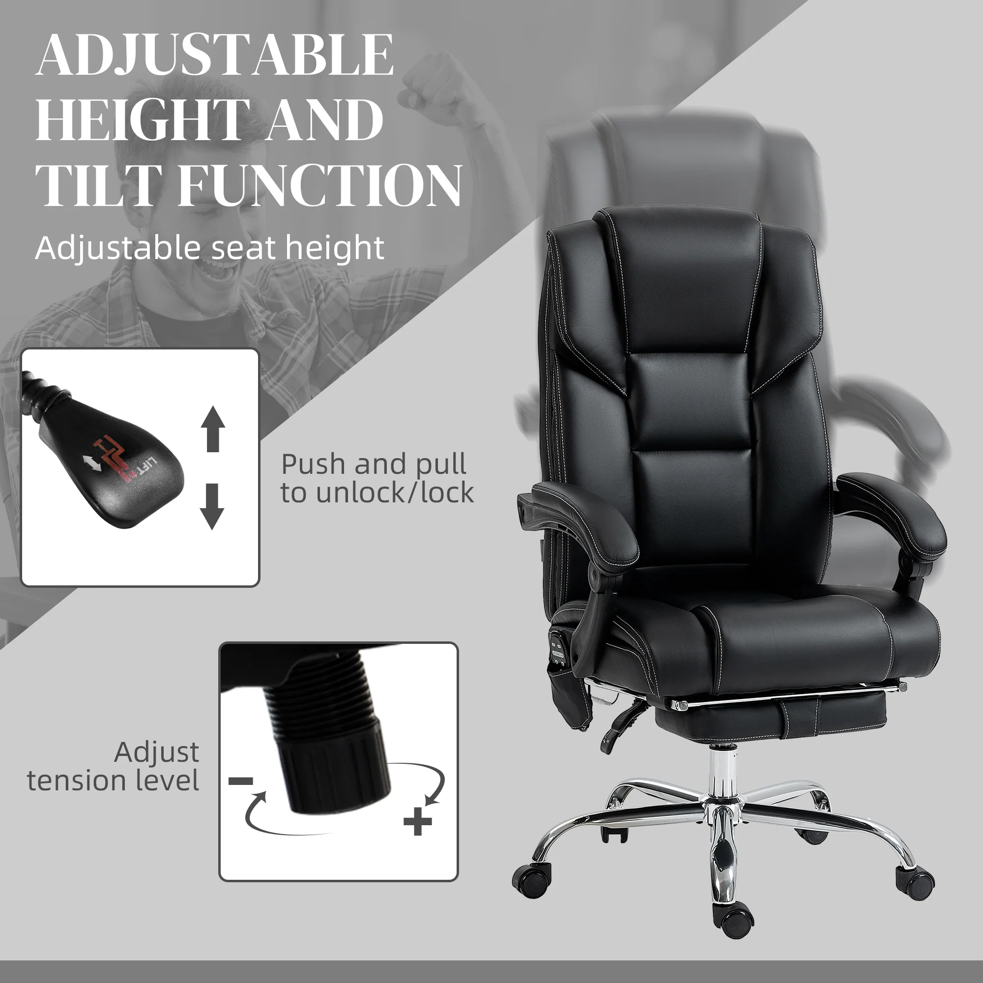 6 Point Massage Office Chair w/ Heat, Reclining Back &  Adjustable Height, Black - Image 7