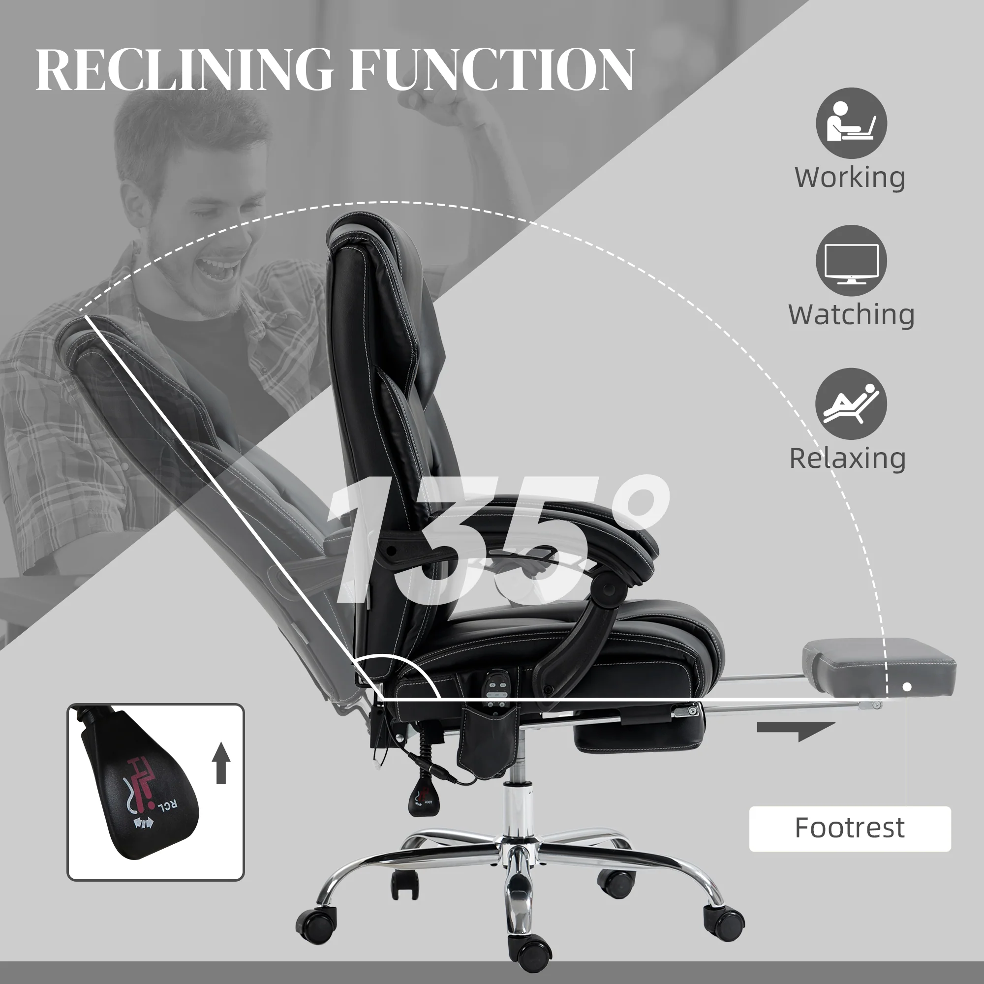 6 Point Massage Office Chair w/ Heat, Reclining Back &  Adjustable Height, Black - Image 8