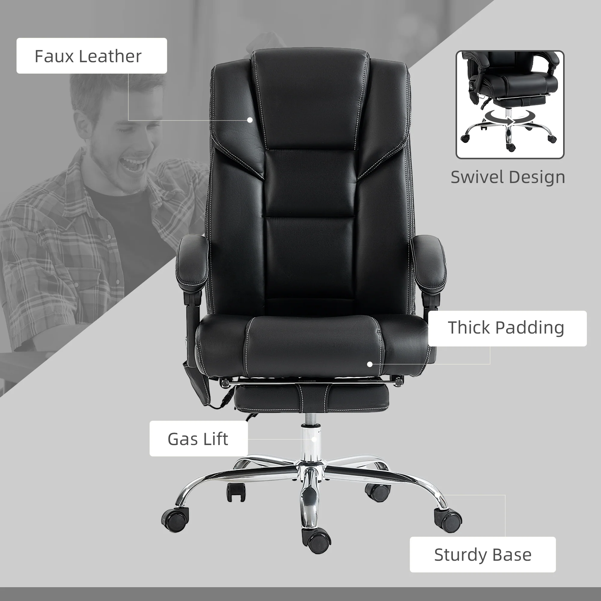 6 Point Massage Office Chair w/ Heat, Reclining Back &  Adjustable Height, Black - Image 9