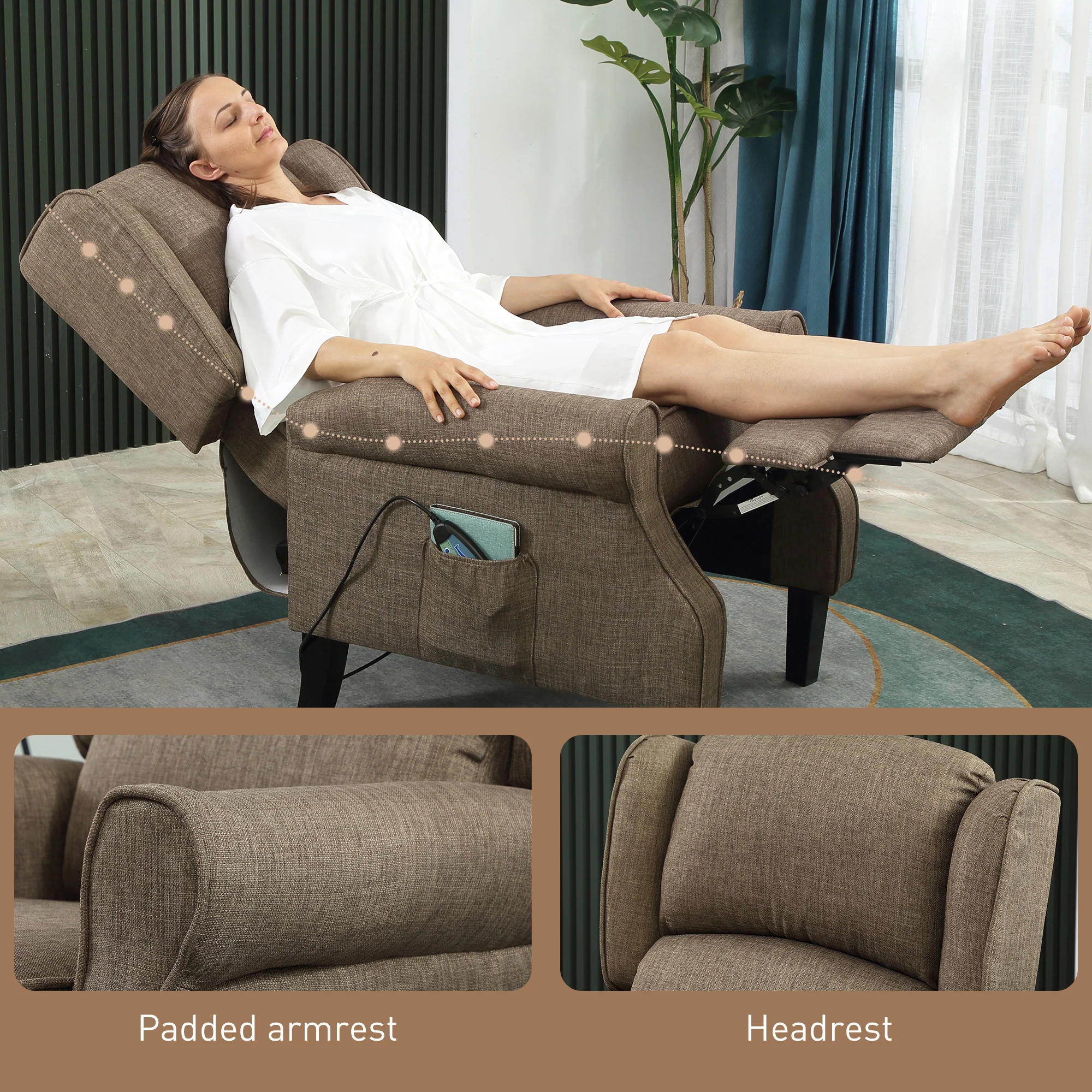 Heated Vibrating Massage Wingback Push Back Recliner Chair with Footrest, Brown - Image 10