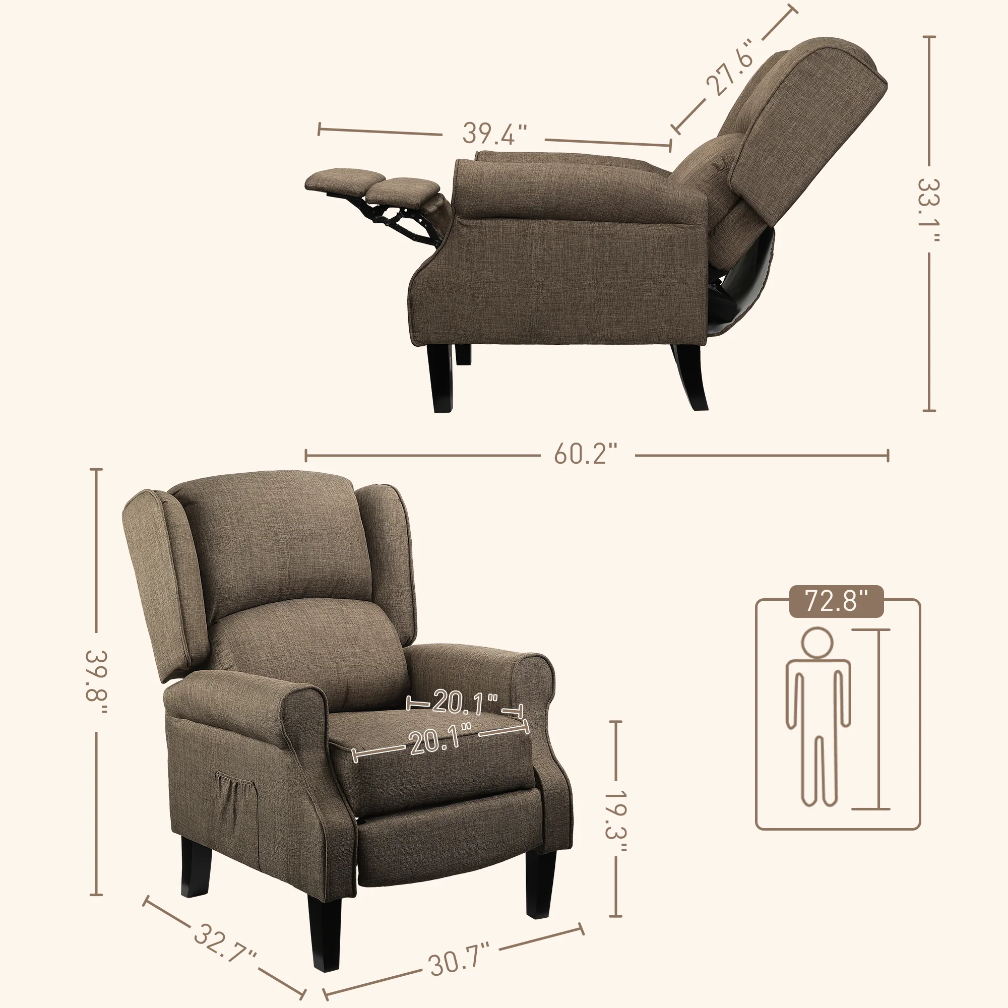 Heated Vibrating Massage Wingback Push Back Recliner Chair with Footrest, Brown - Image 5