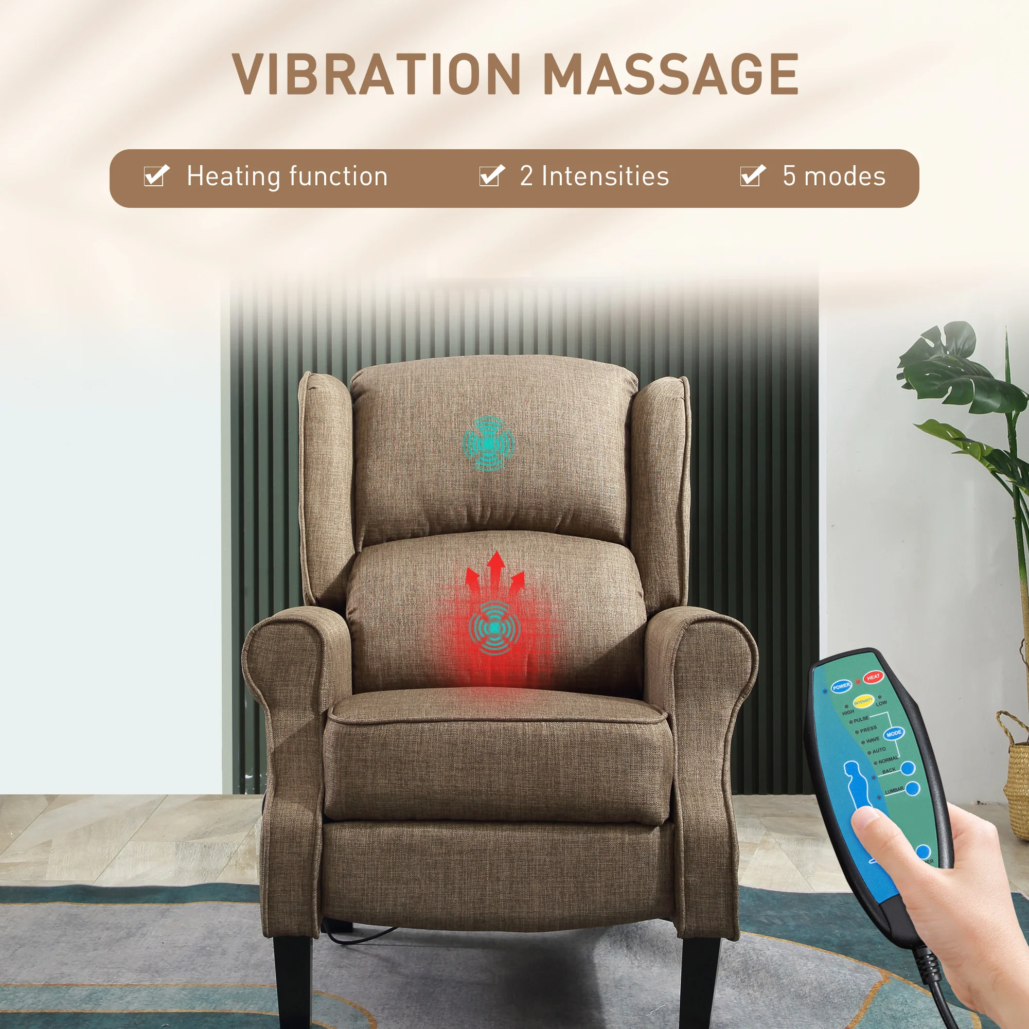 Heated Vibrating Massage Wingback Push Back Recliner Chair with Footrest, Brown - Image 6