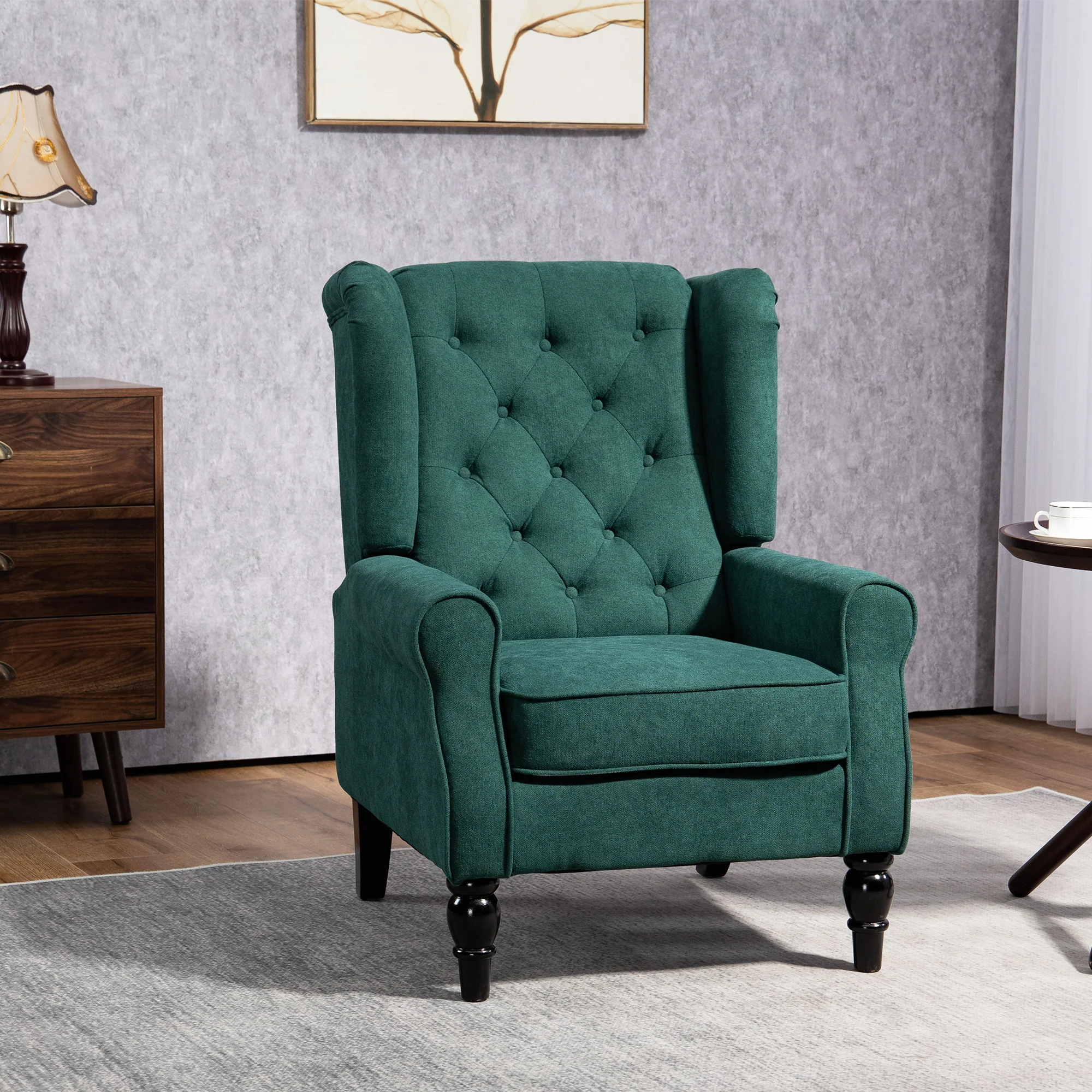 Mid-Century Accent Chair w/ High Wingback, Button-Tufted Fabric & Retro Wood Legs, Dark Green - Image 3