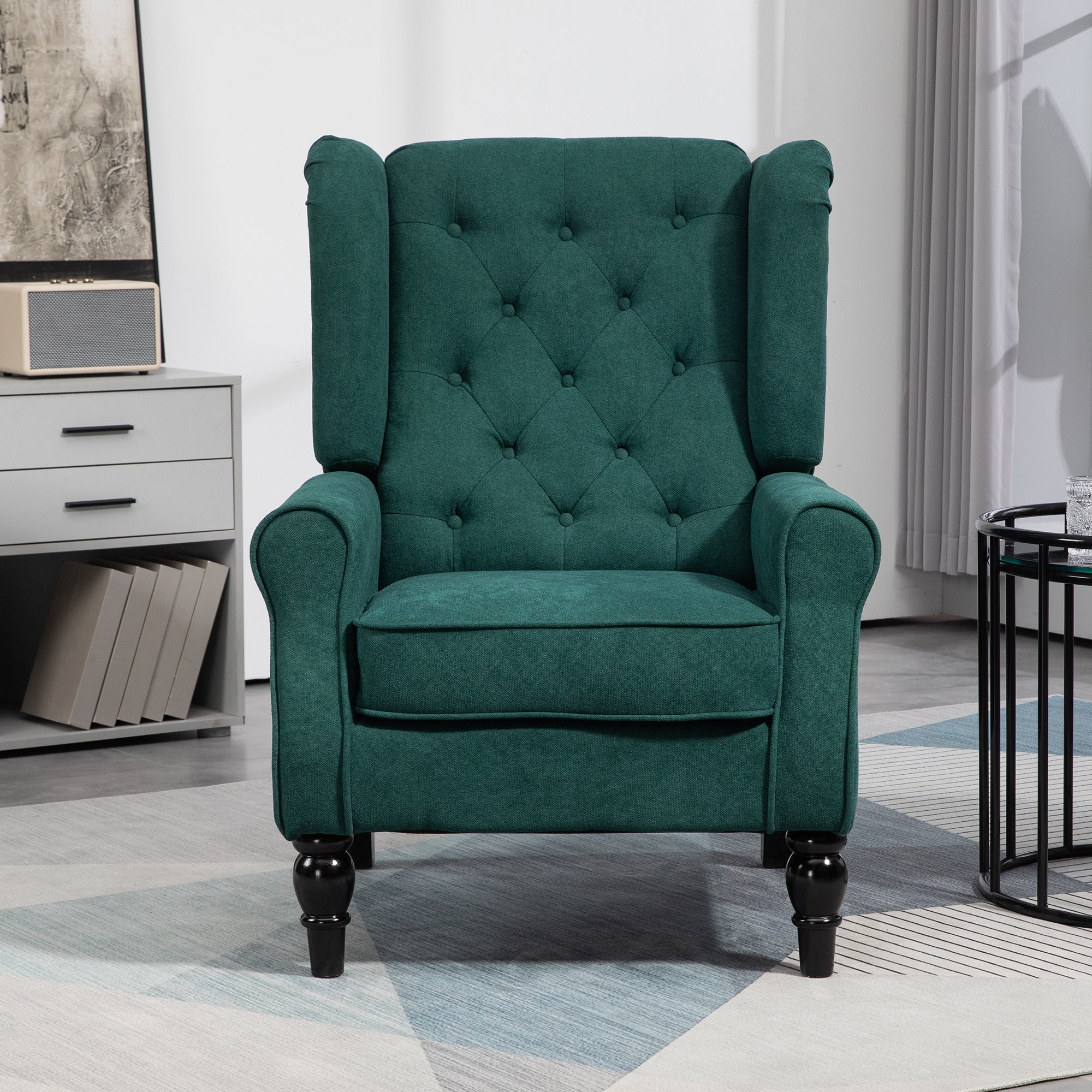 Mid-Century Accent Chair w/ High Wingback, Button-Tufted Fabric & Retro Wood Legs, Dark Green - Image 4