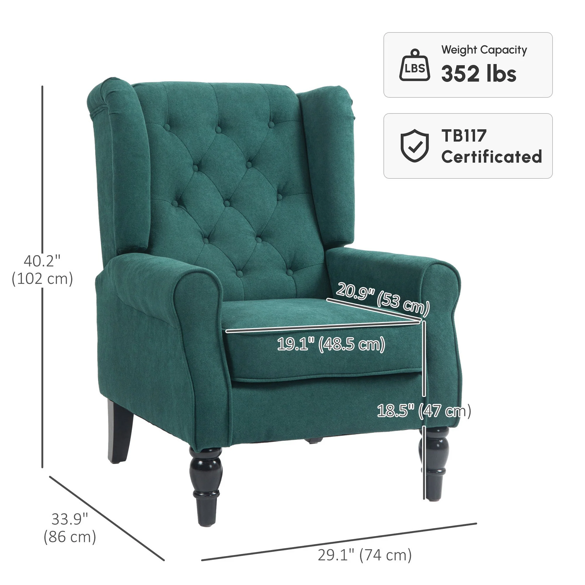 Mid-Century Accent Chair w/ High Wingback, Button-Tufted Fabric & Retro Wood Legs, Dark Green - Image 5