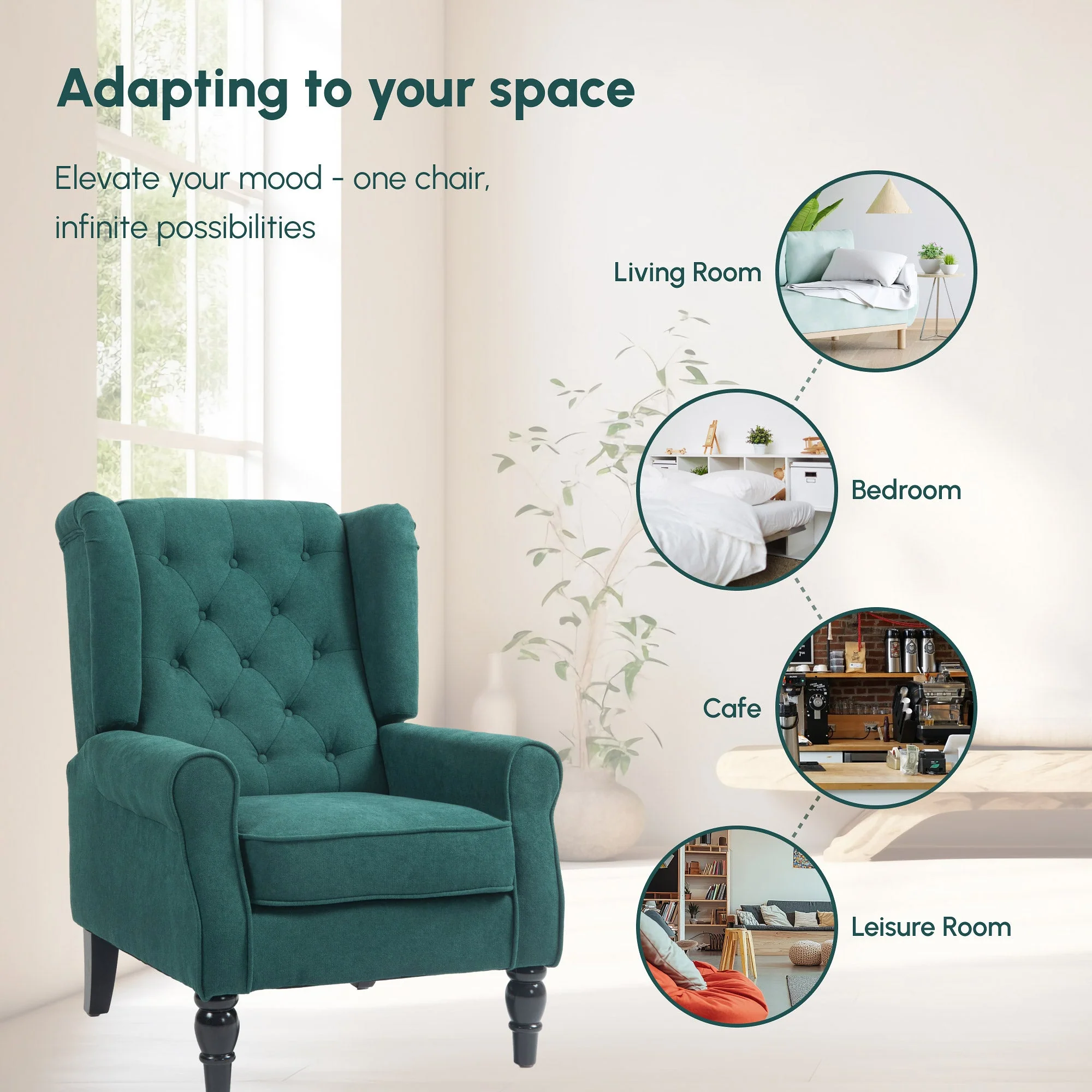 Mid-Century Accent Chair w/ High Wingback, Button-Tufted Fabric & Retro Wood Legs, Dark Green - Image 7