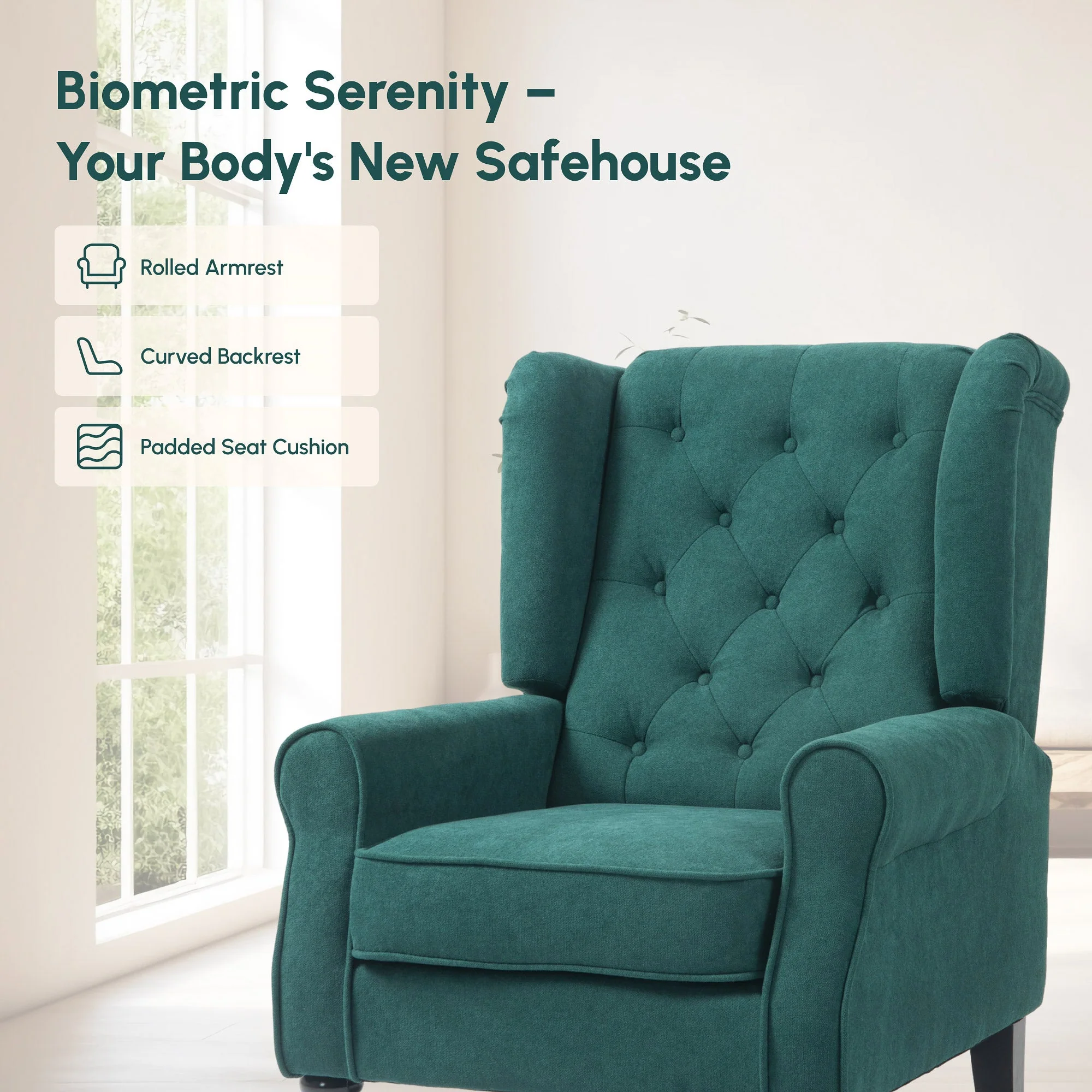 Mid-Century Accent Chair w/ High Wingback, Button-Tufted Fabric & Retro Wood Legs, Dark Green - Image 8