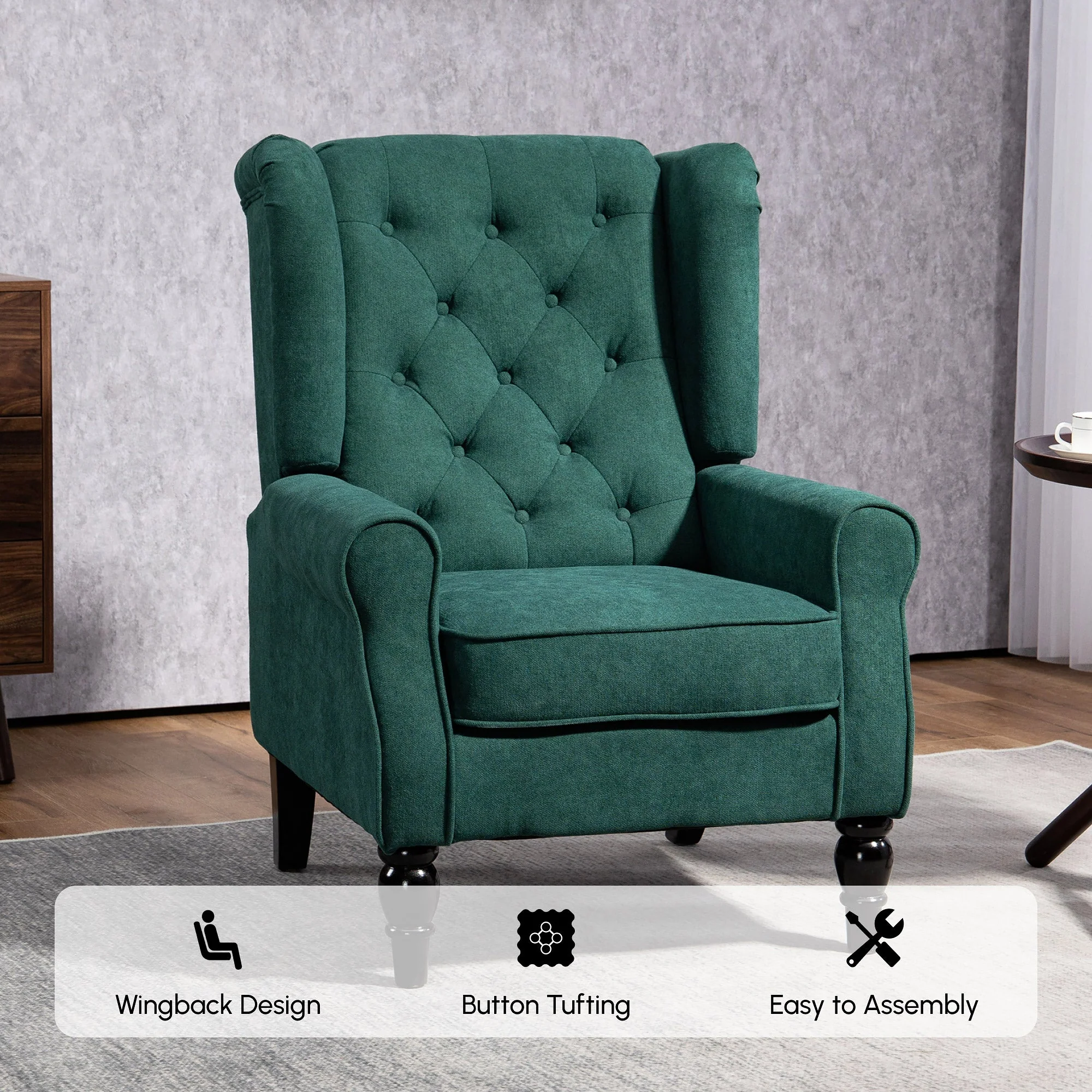 Mid-Century Accent Chair w/ High Wingback, Button-Tufted Fabric & Retro Wood Legs, Dark Green - Image 9