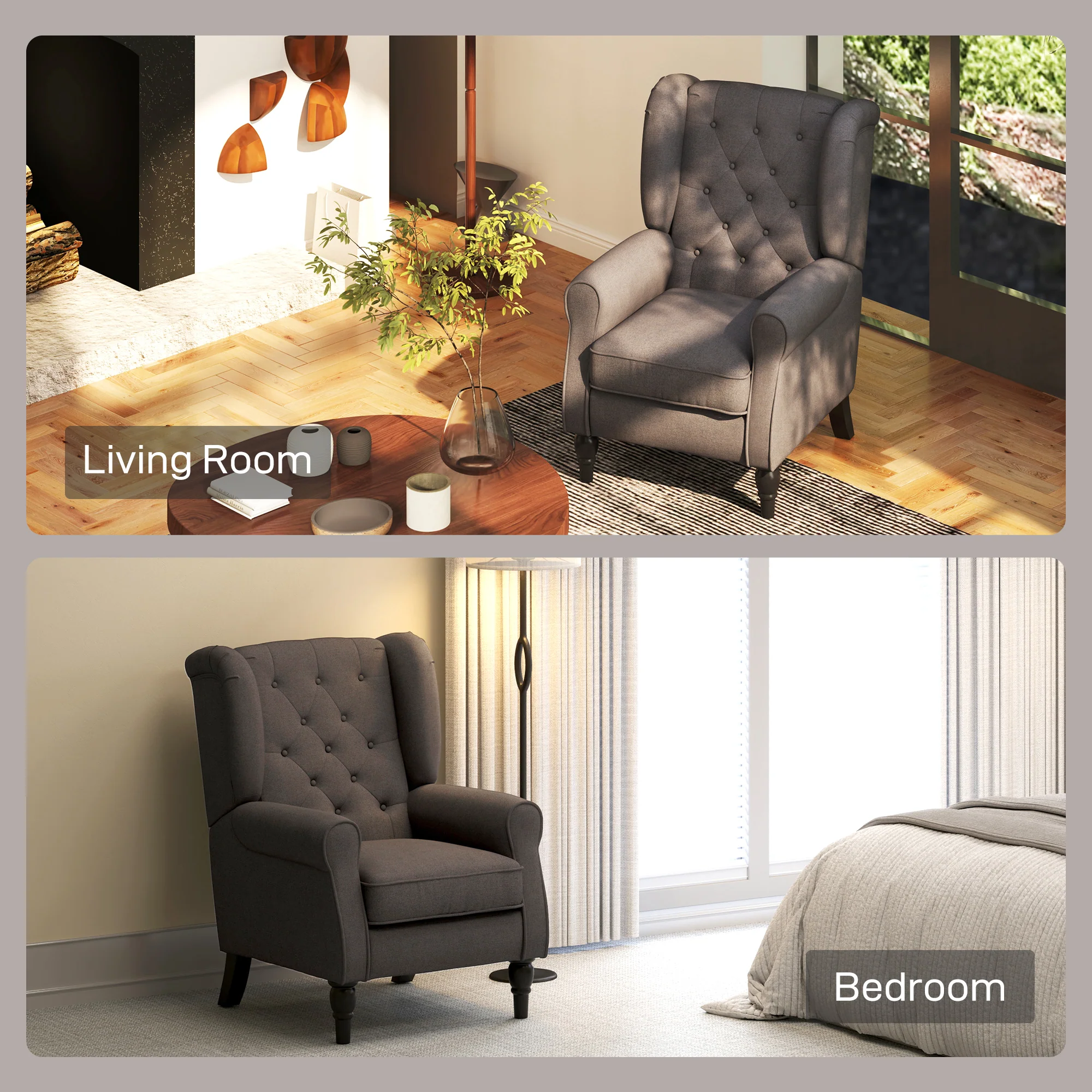 Mid-CenturyAccent Chair w/ High Wingback, Button-Tufted Fabric & Retro Wood Legs, Dark Brown - Image 10