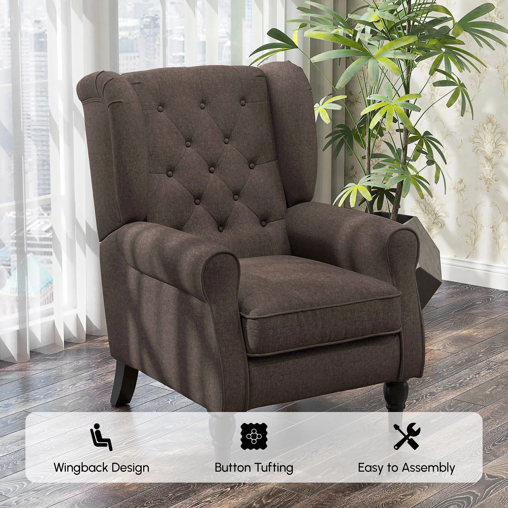 Mid-CenturyAccent Chair w/ High Wingback, Button-Tufted Fabric & Retro Wood Legs, Dark Brown - Image 11