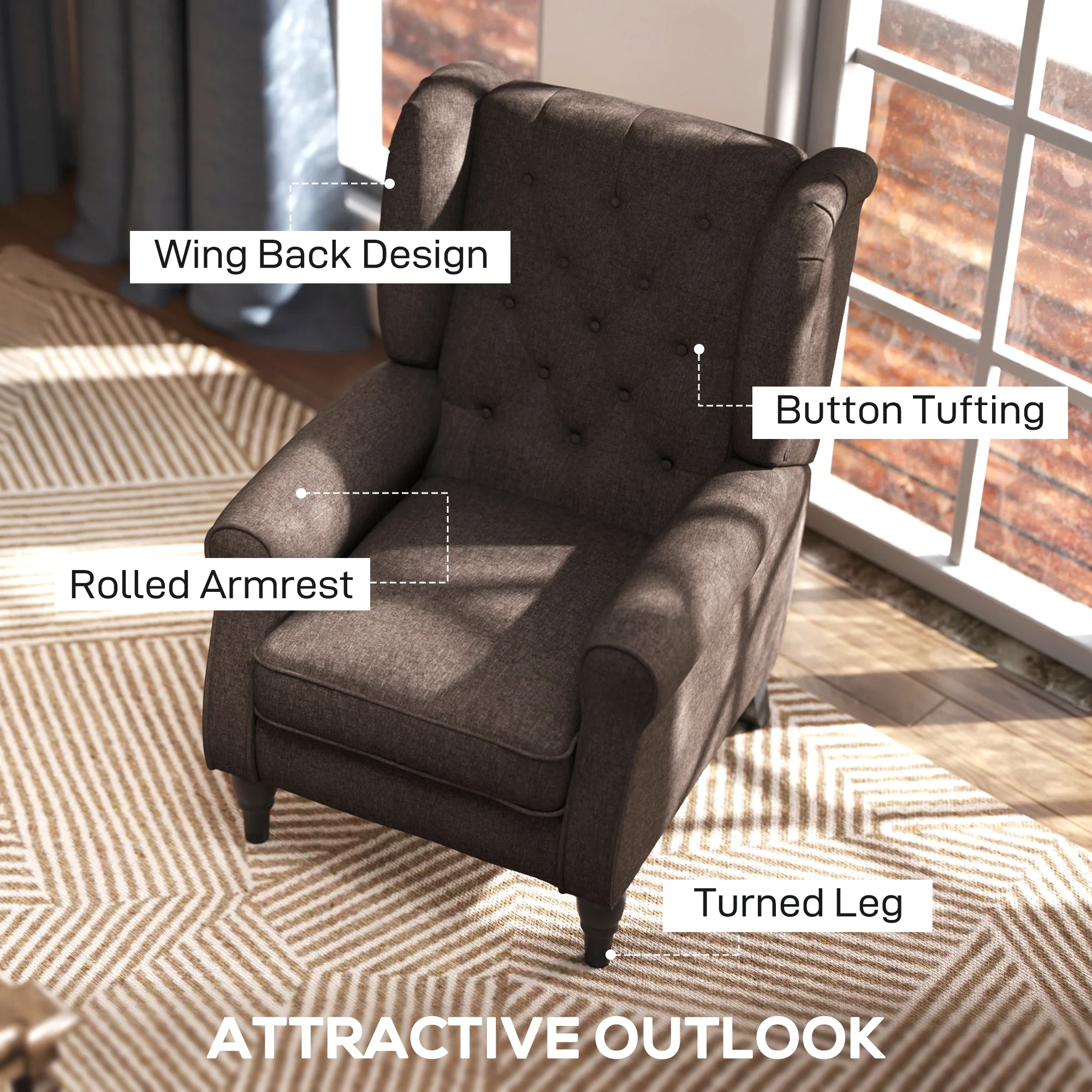 Mid-CenturyAccent Chair w/ High Wingback, Button-Tufted Fabric & Retro Wood Legs, Dark Brown - Image 12