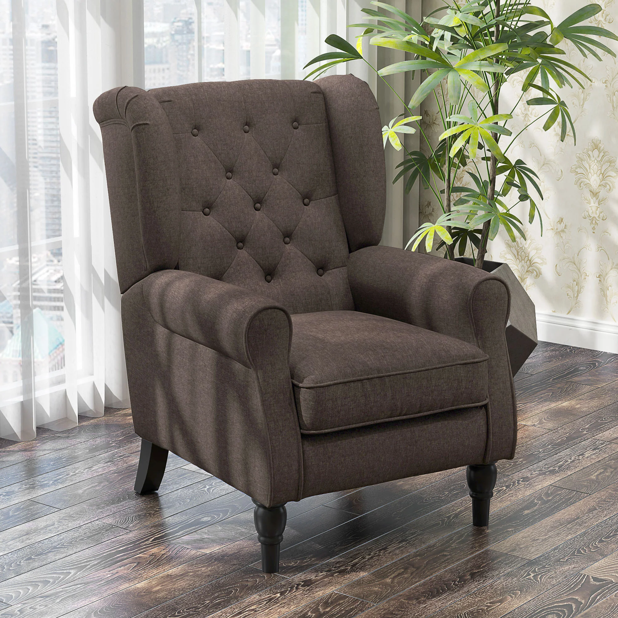 Mid-CenturyAccent Chair w/ High Wingback, Button-Tufted Fabric & Retro Wood Legs, Dark Brown - Image 14
