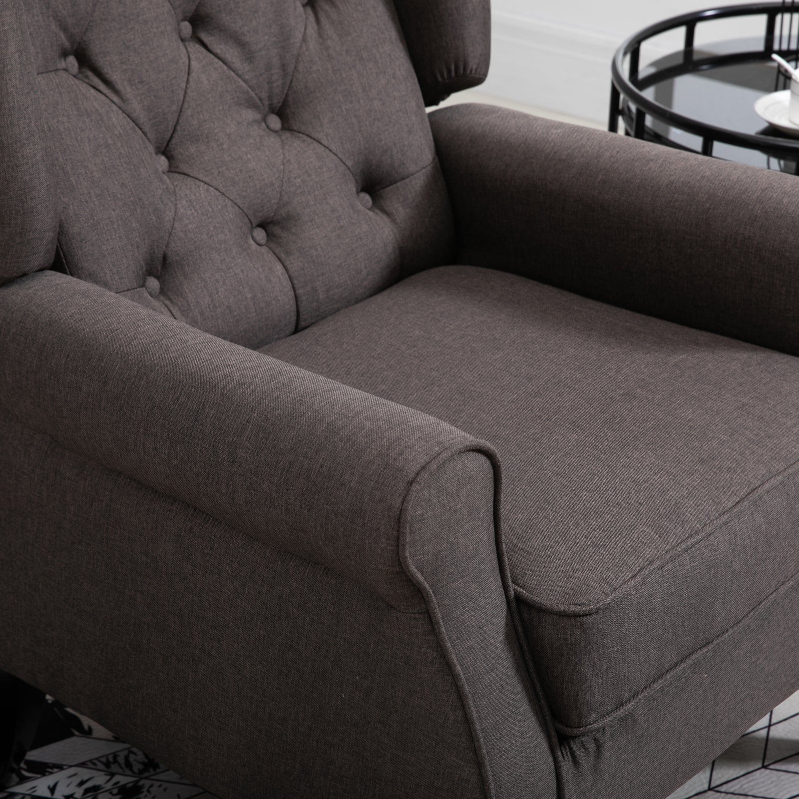Mid-CenturyAccent Chair w/ High Wingback, Button-Tufted Fabric & Retro Wood Legs, Dark Brown - Image 19