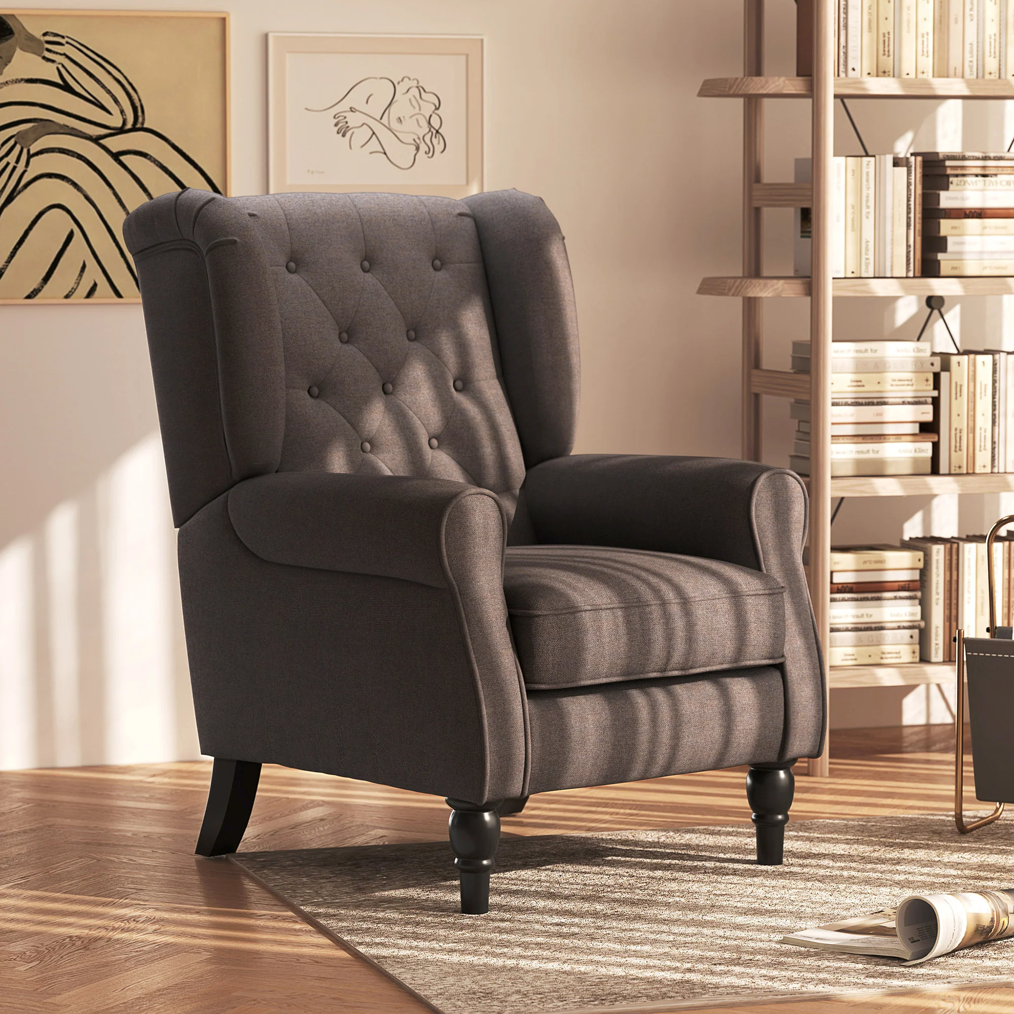 Mid-CenturyAccent Chair w/ High Wingback, Button-Tufted Fabric & Retro Wood Legs, Dark Brown - Image 3