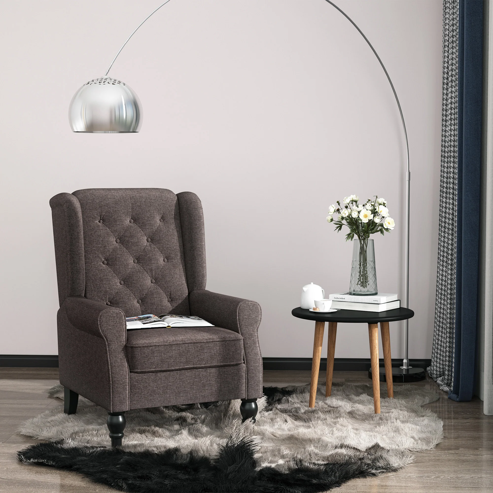 Mid-CenturyAccent Chair w/ High Wingback, Button-Tufted Fabric & Retro Wood Legs, Dark Brown - Image 4