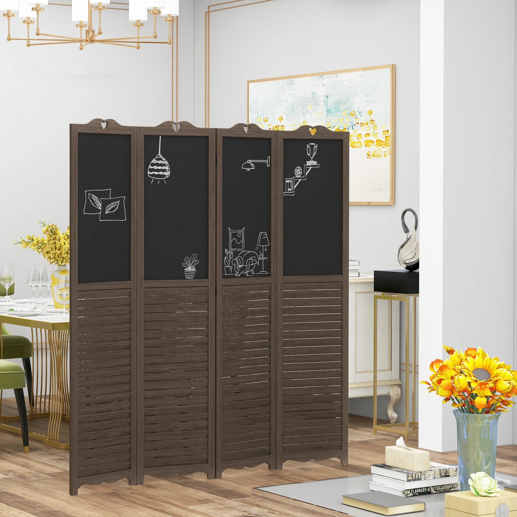 5.5' Wooden Room Divider, 4 Panel Folding Privacy Screen, Blackboard, Walnut Brown - Image 3