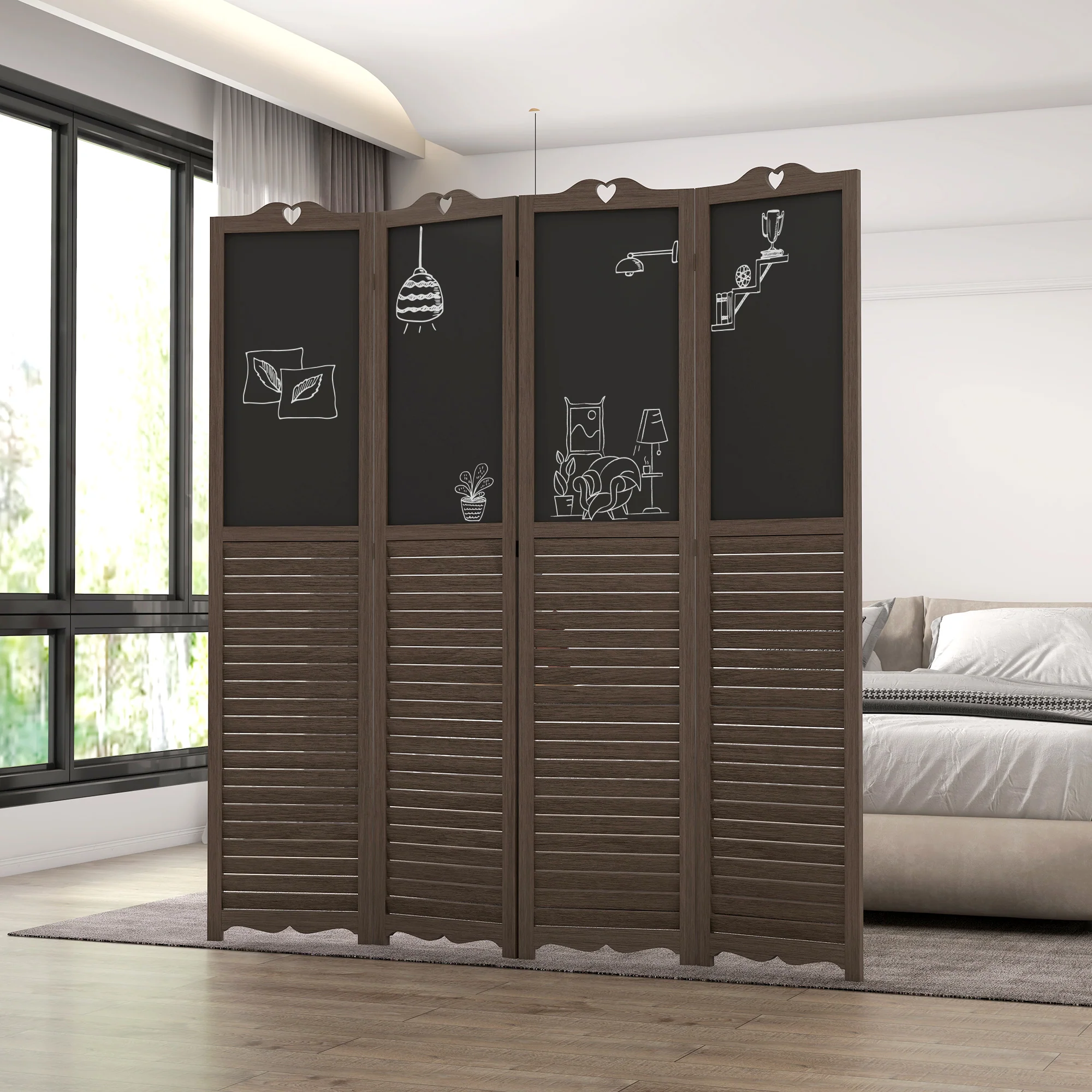 5.5' Wooden Room Divider, 4 Panel Folding Privacy Screen, Blackboard, Walnut Brown - Image 4