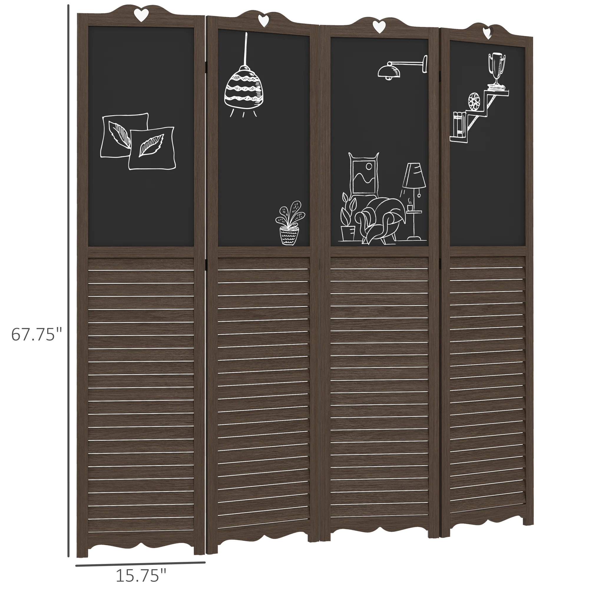 5.5' Wooden Room Divider, 4 Panel Folding Privacy Screen, Blackboard, Walnut Brown - Image 5