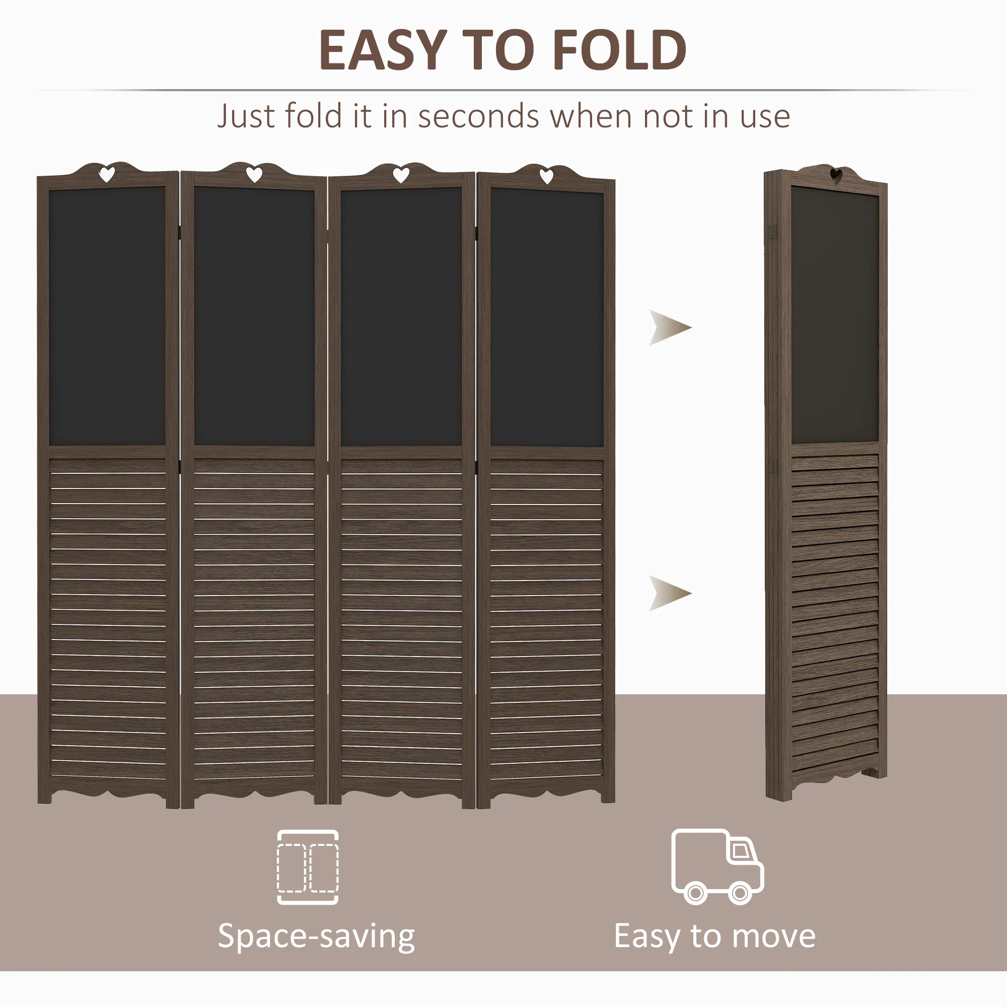 5.5' Wooden Room Divider, 4 Panel Folding Privacy Screen, Blackboard, Walnut Brown - Image 6