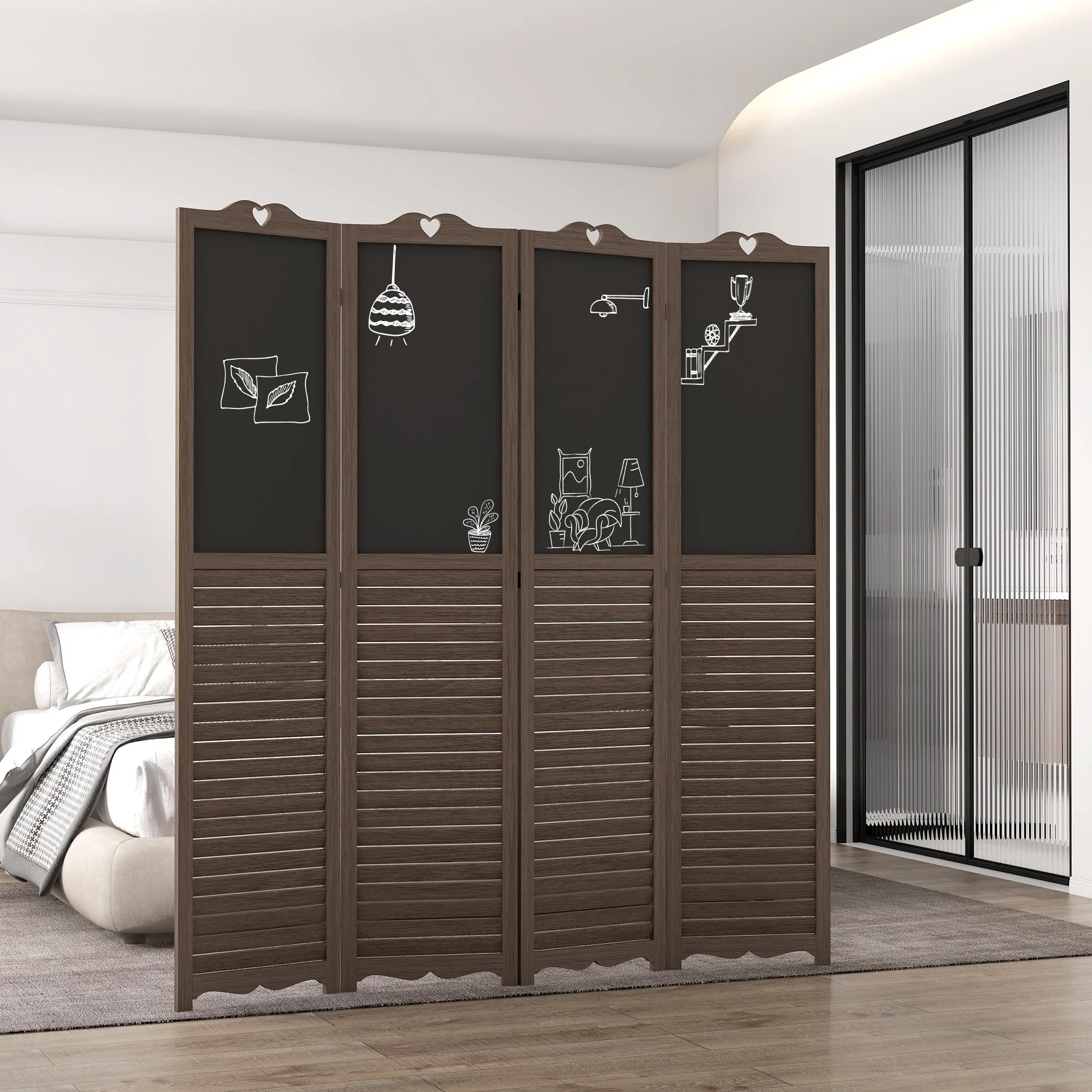 5.5' Wooden Room Divider, 4 Panel Folding Privacy Screen, Blackboard, Walnut Brown - Image 9
