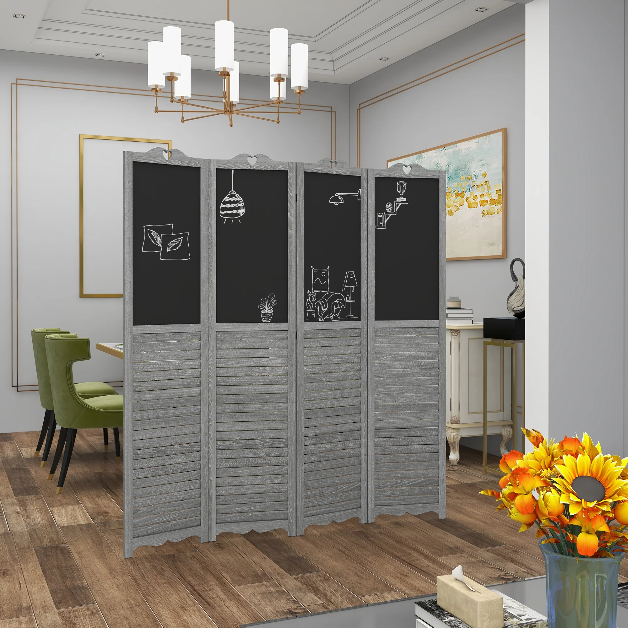 5.5' Wooden Room Divider, 4 Panel Folding Privacy Screen, Blackboard, Gray - Image 3