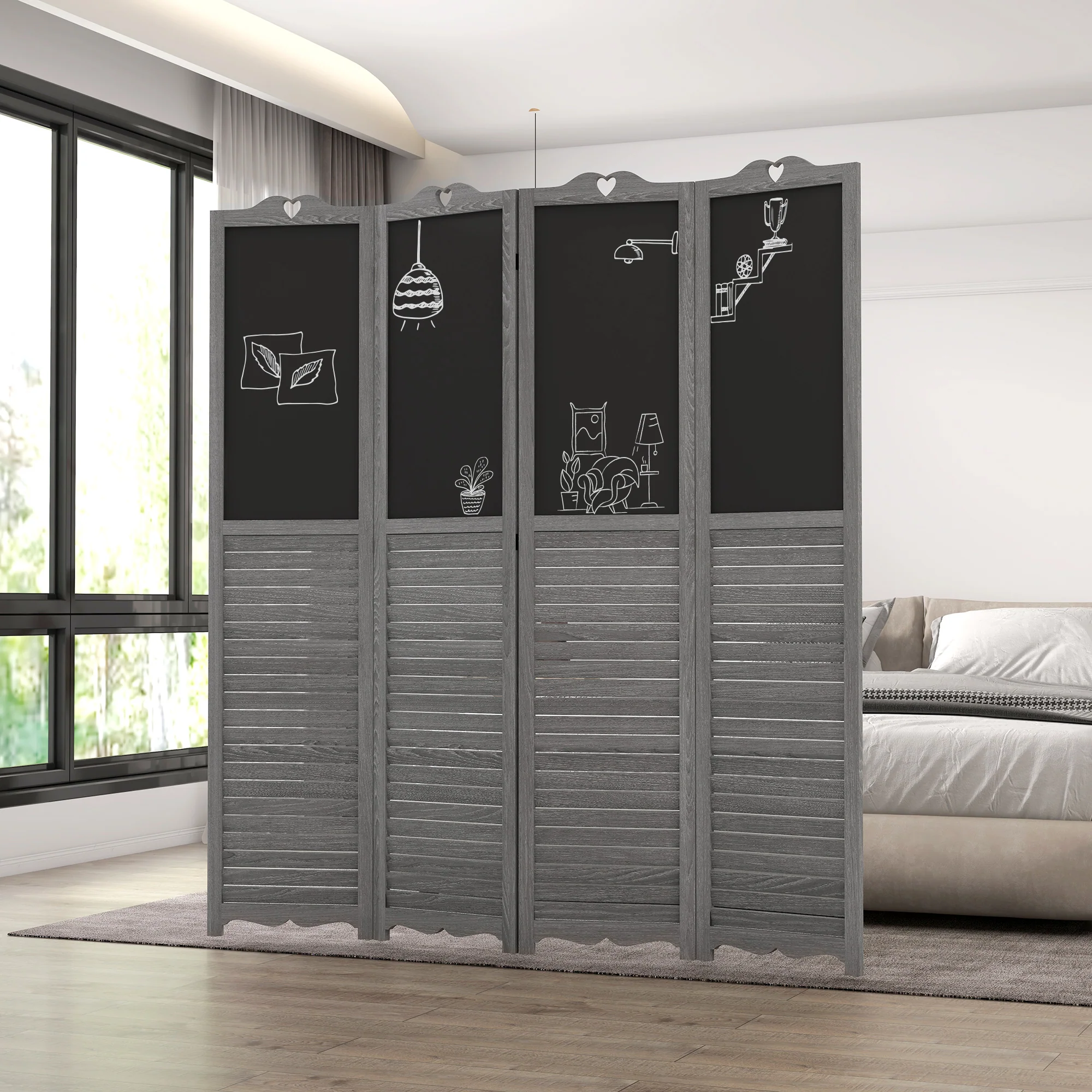 5.5' Wooden Room Divider, 4 Panel Folding Privacy Screen, Blackboard, Gray - Image 4
