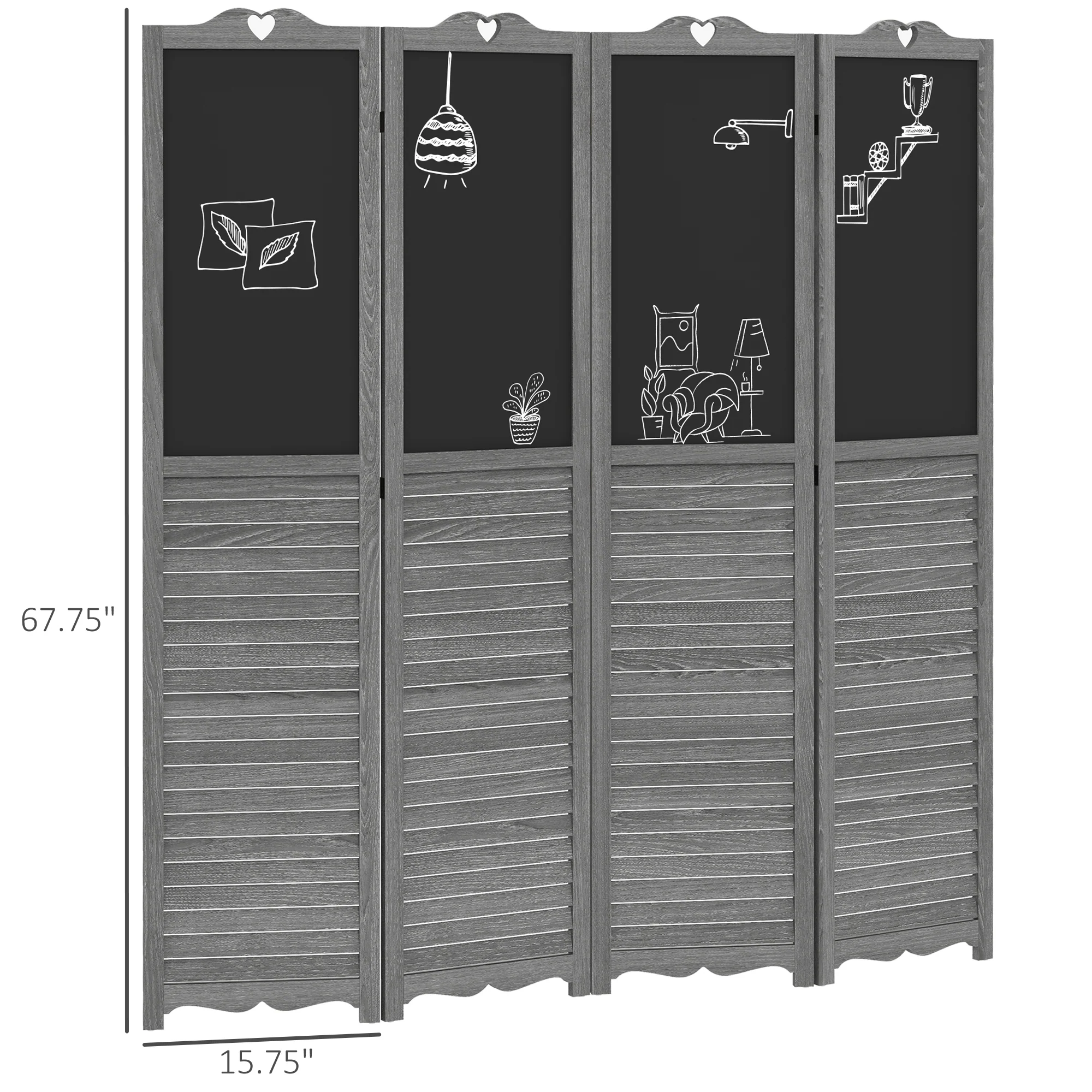 5.5' Wooden Room Divider, 4 Panel Folding Privacy Screen, Blackboard, Gray - Image 5