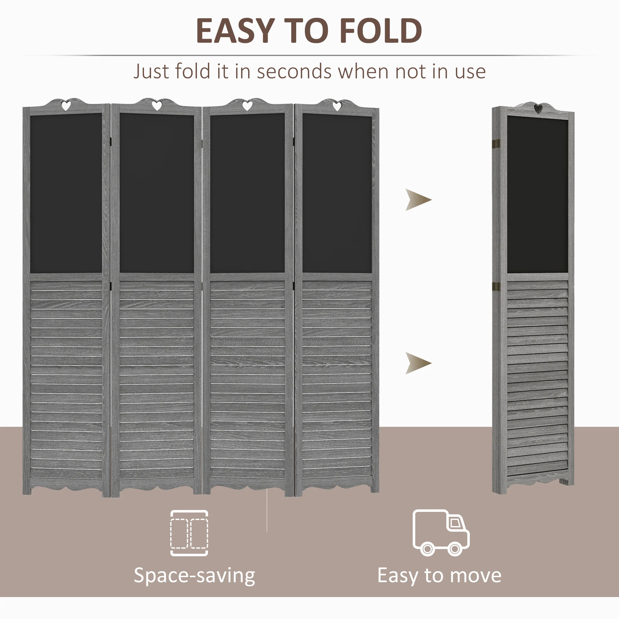 5.5' Wooden Room Divider, 4 Panel Folding Privacy Screen, Blackboard, Gray - Image 6
