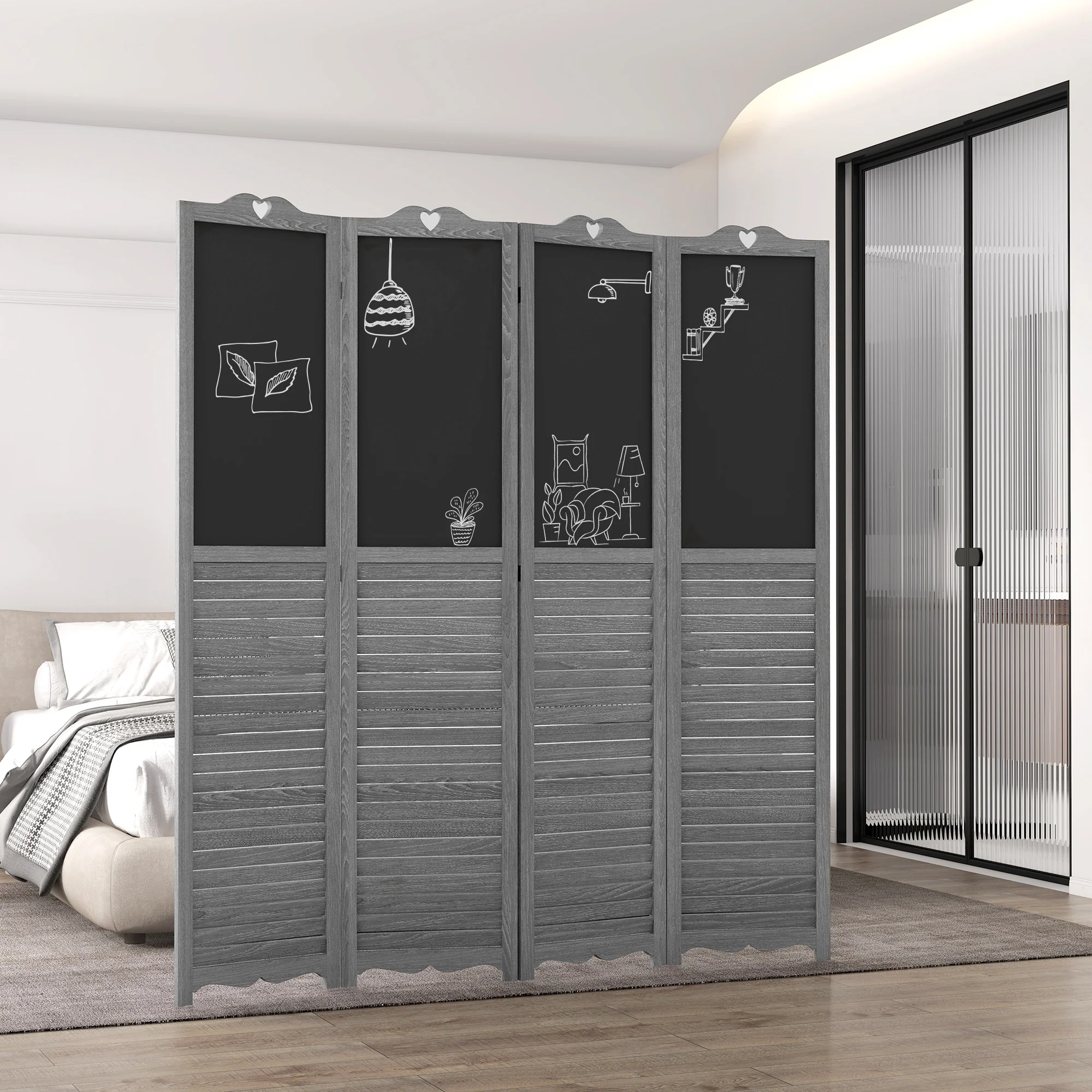 5.5' Wooden Room Divider, 4 Panel Folding Privacy Screen, Blackboard, Gray - Image 9