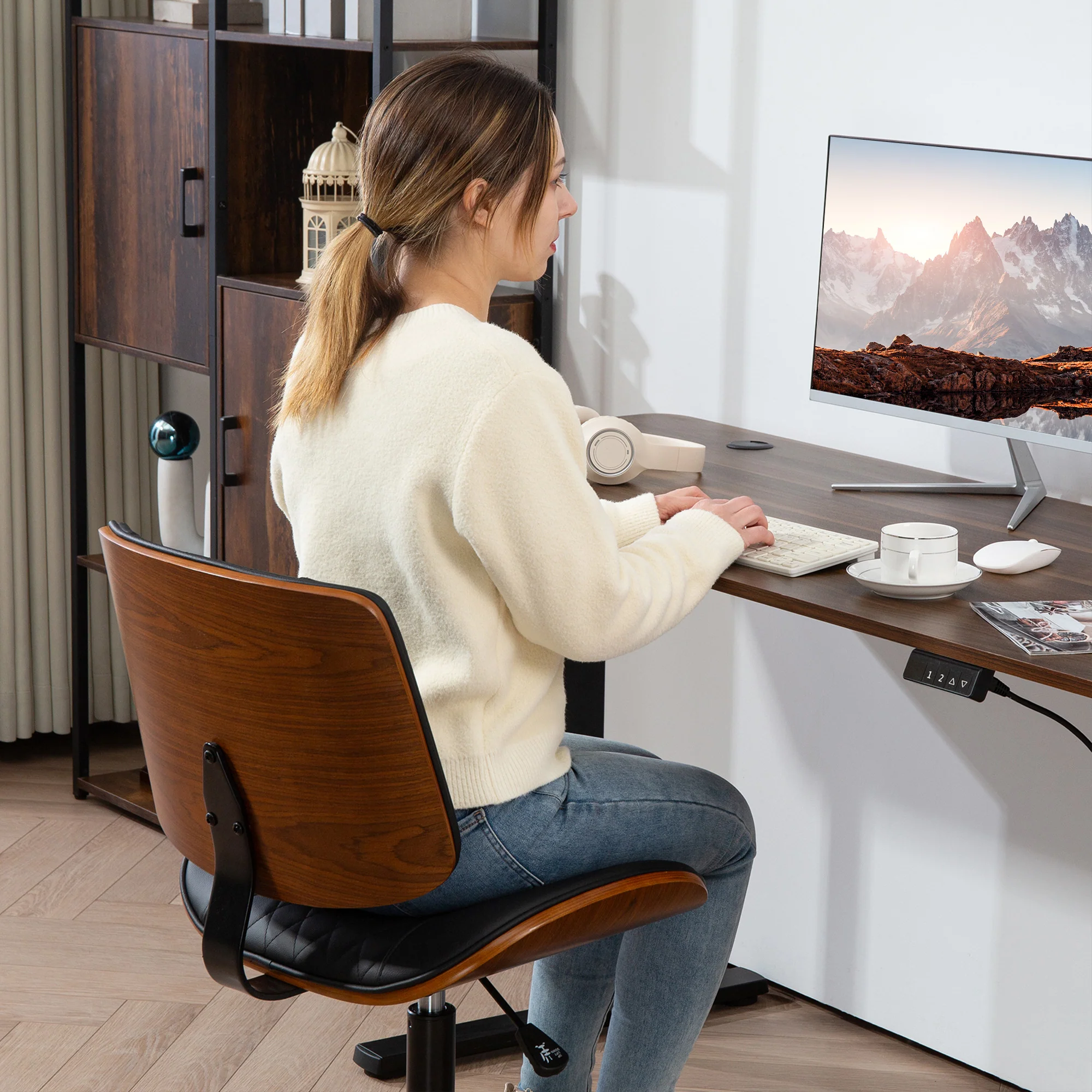 Armless Office Chair, PU Leather Mid Back Desk Chair with Adjustable Height, Black - Image 10
