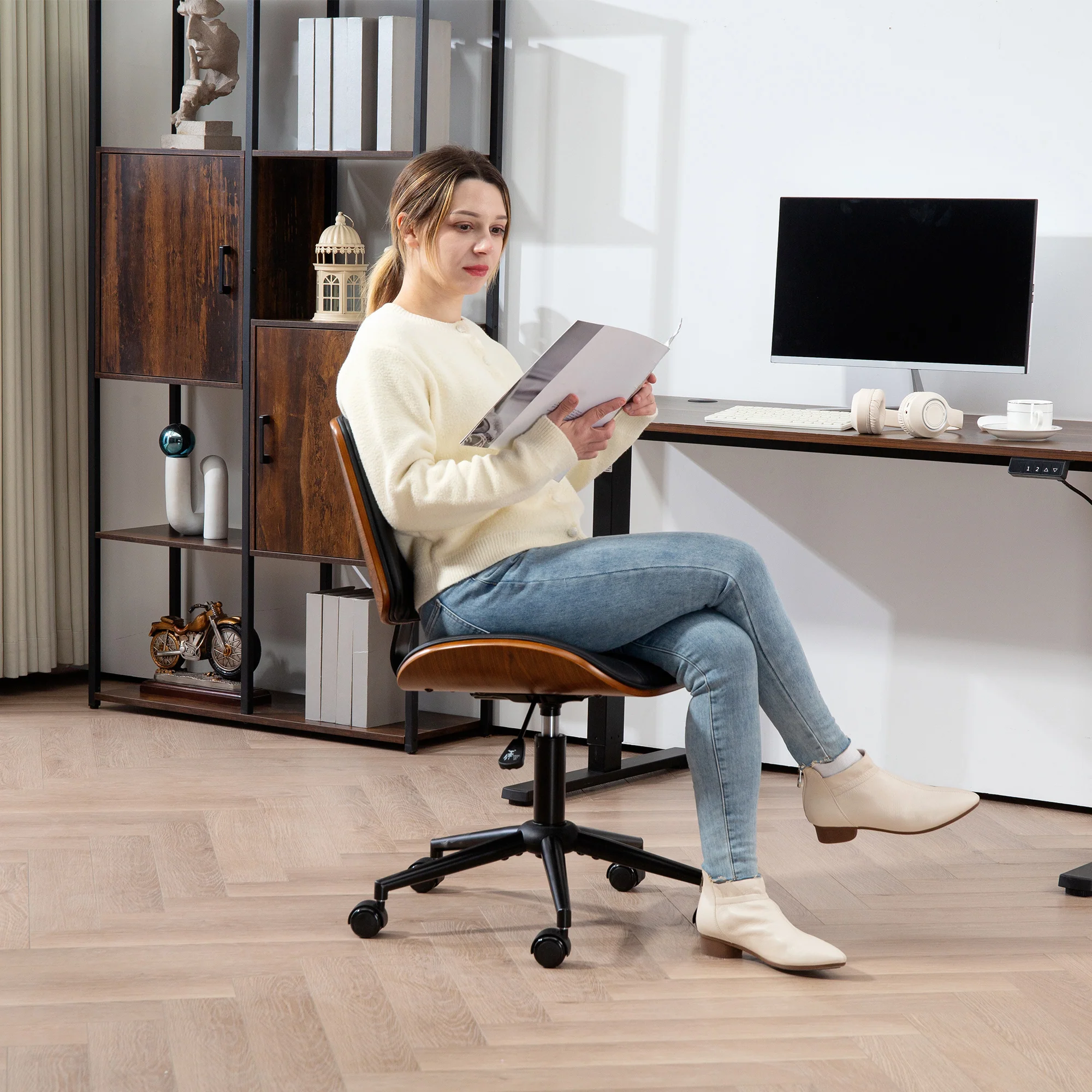 Armless Office Chair, PU Leather Mid Back Desk Chair with Adjustable Height, Black - Image 3