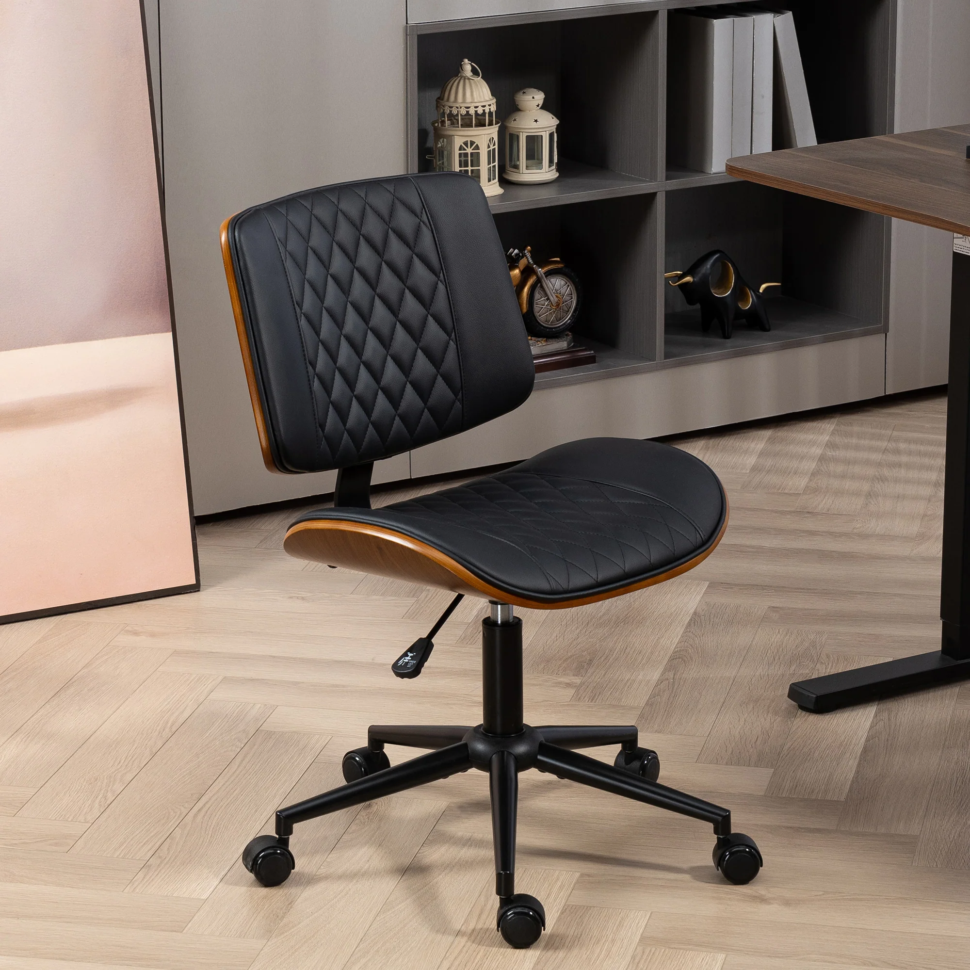 Armless Office Chair, PU Leather Mid Back Desk Chair with Adjustable Height, Black - Image 4