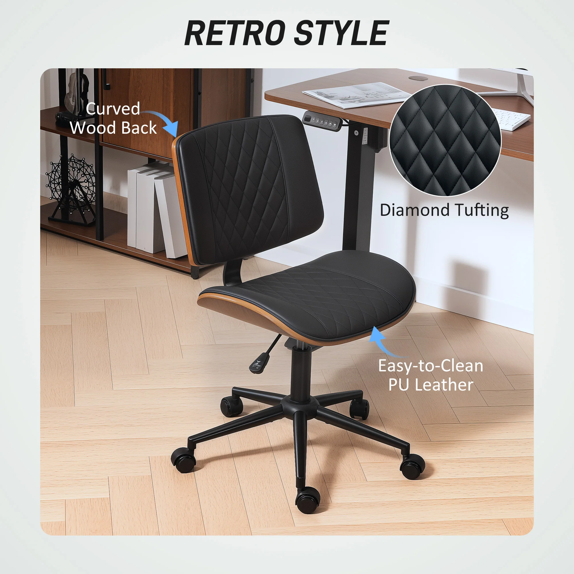 Armless Office Chair, PU Leather Mid Back Desk Chair with Adjustable Height, Black - Image 6