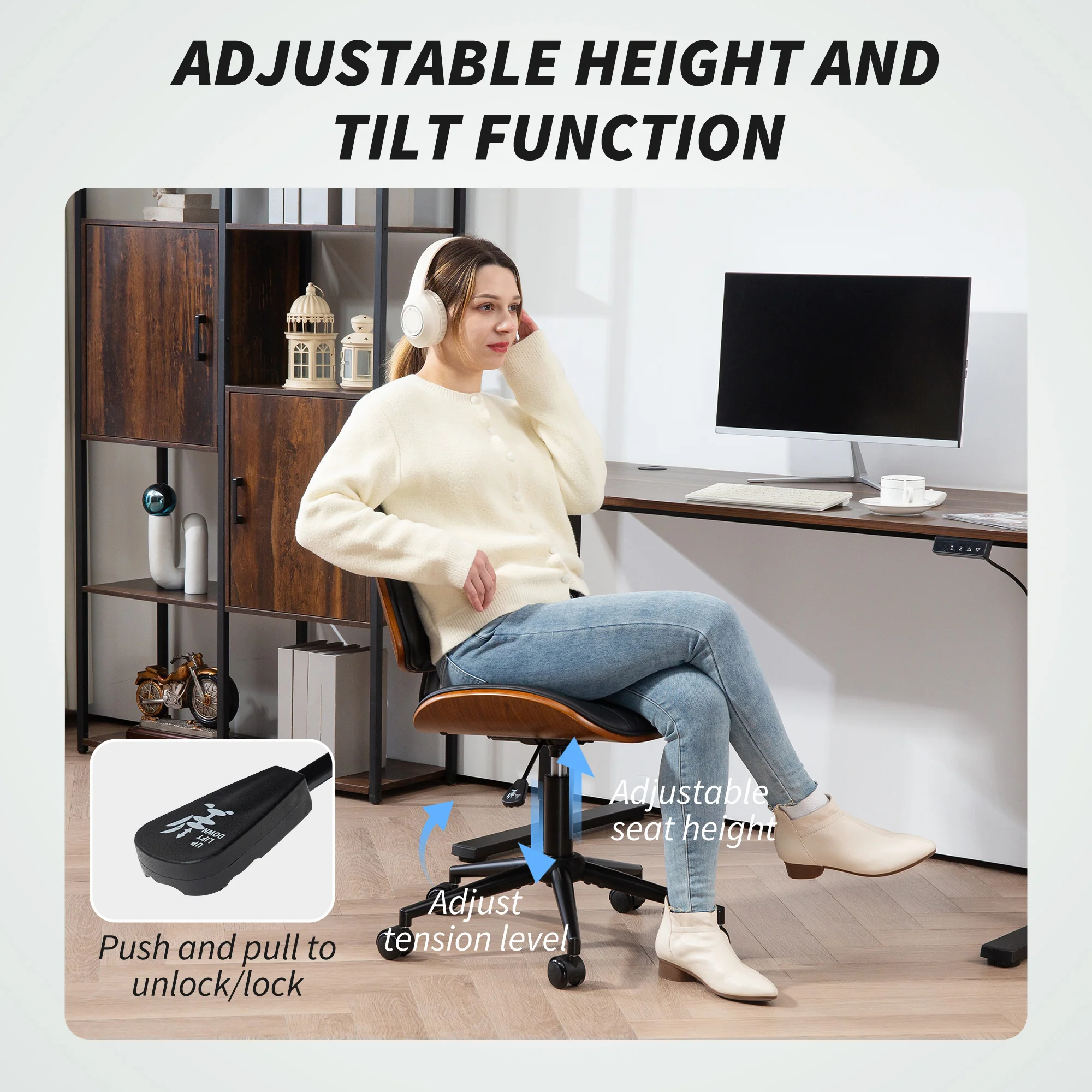 Armless Office Chair, PU Leather Mid Back Desk Chair with Adjustable Height, Black - Image 8
