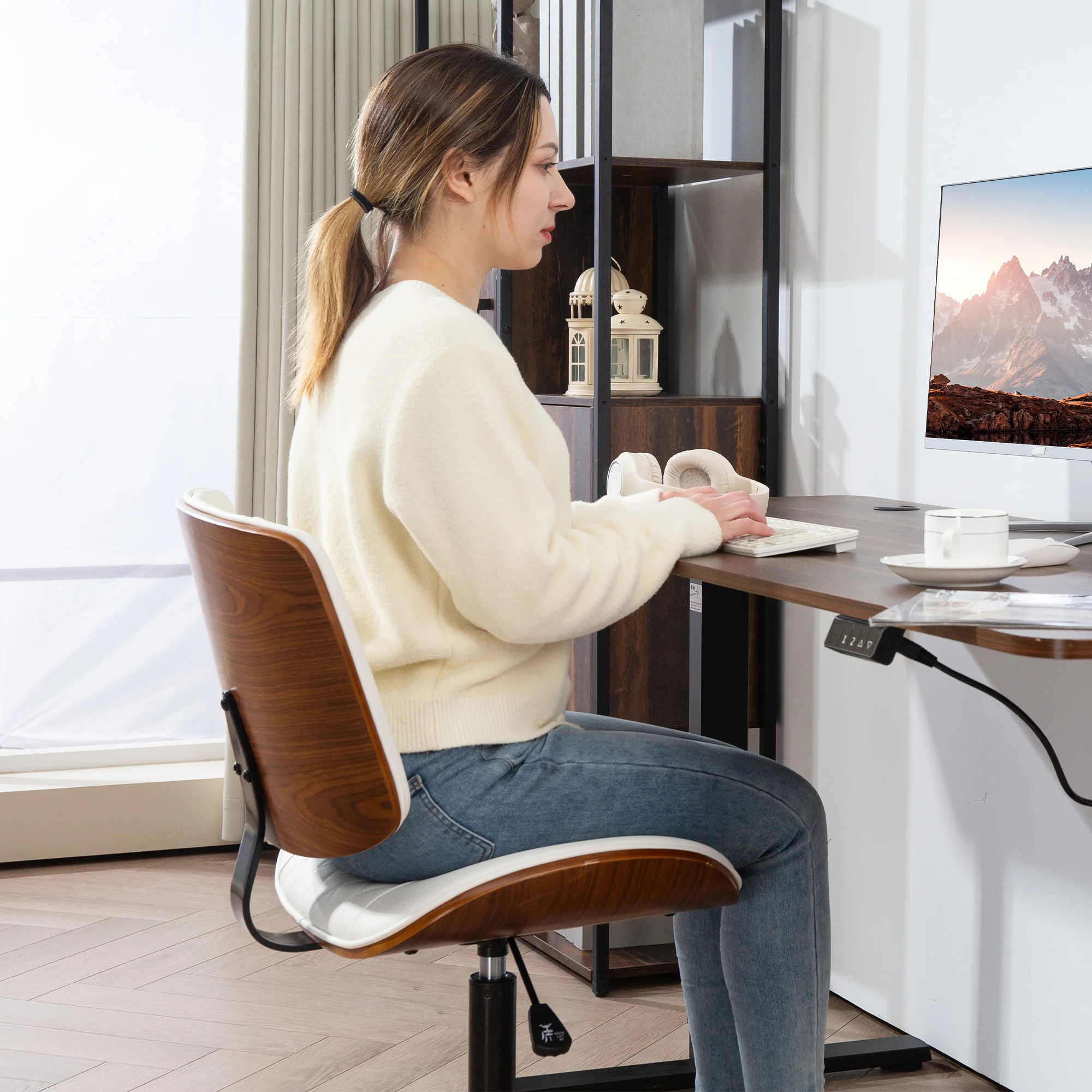 Armless Office Chair, PU Leather Mid Back Desk Chair with Adjustable Height, White - Image 10