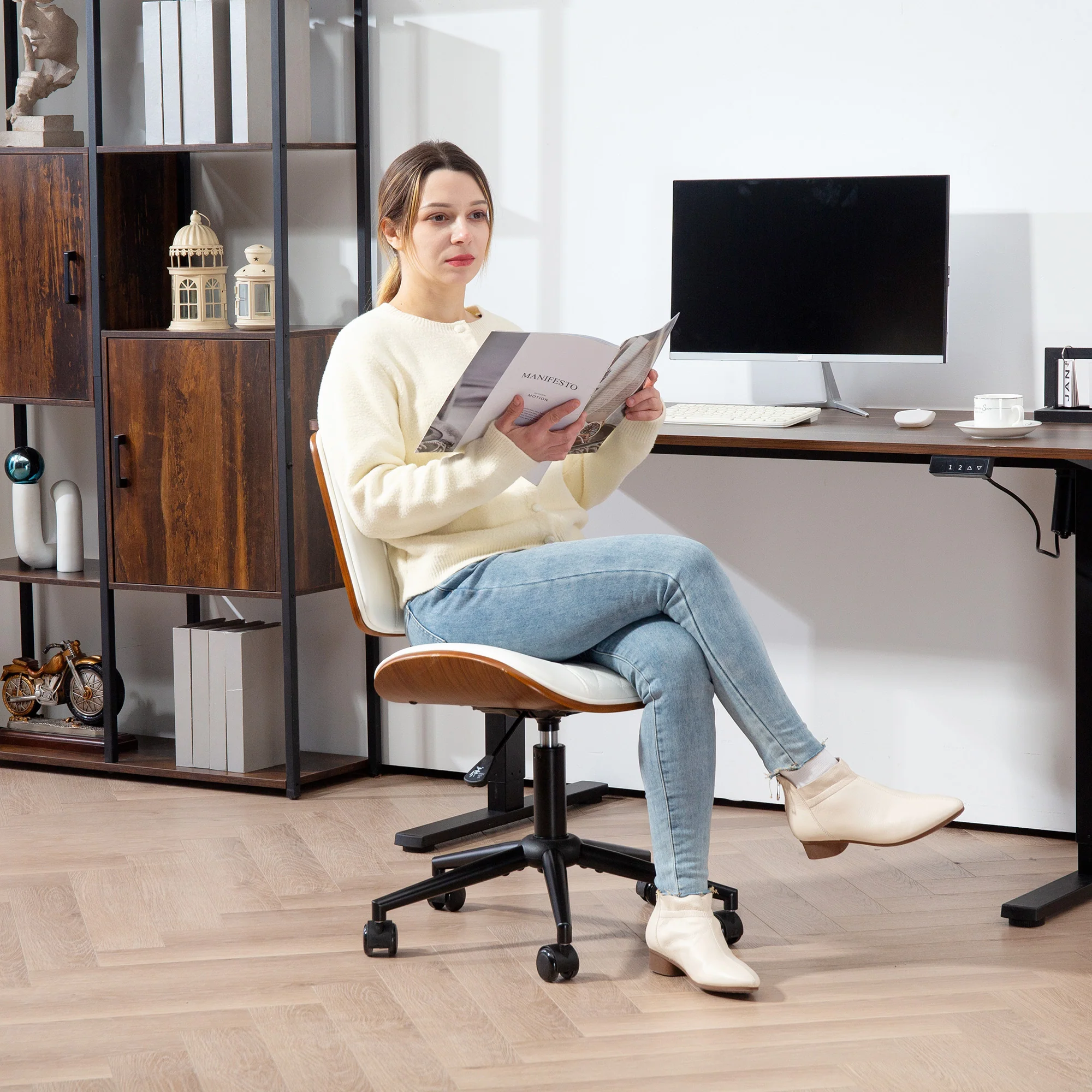 Armless Office Chair, PU Leather Mid Back Desk Chair with Adjustable Height, White - Image 3