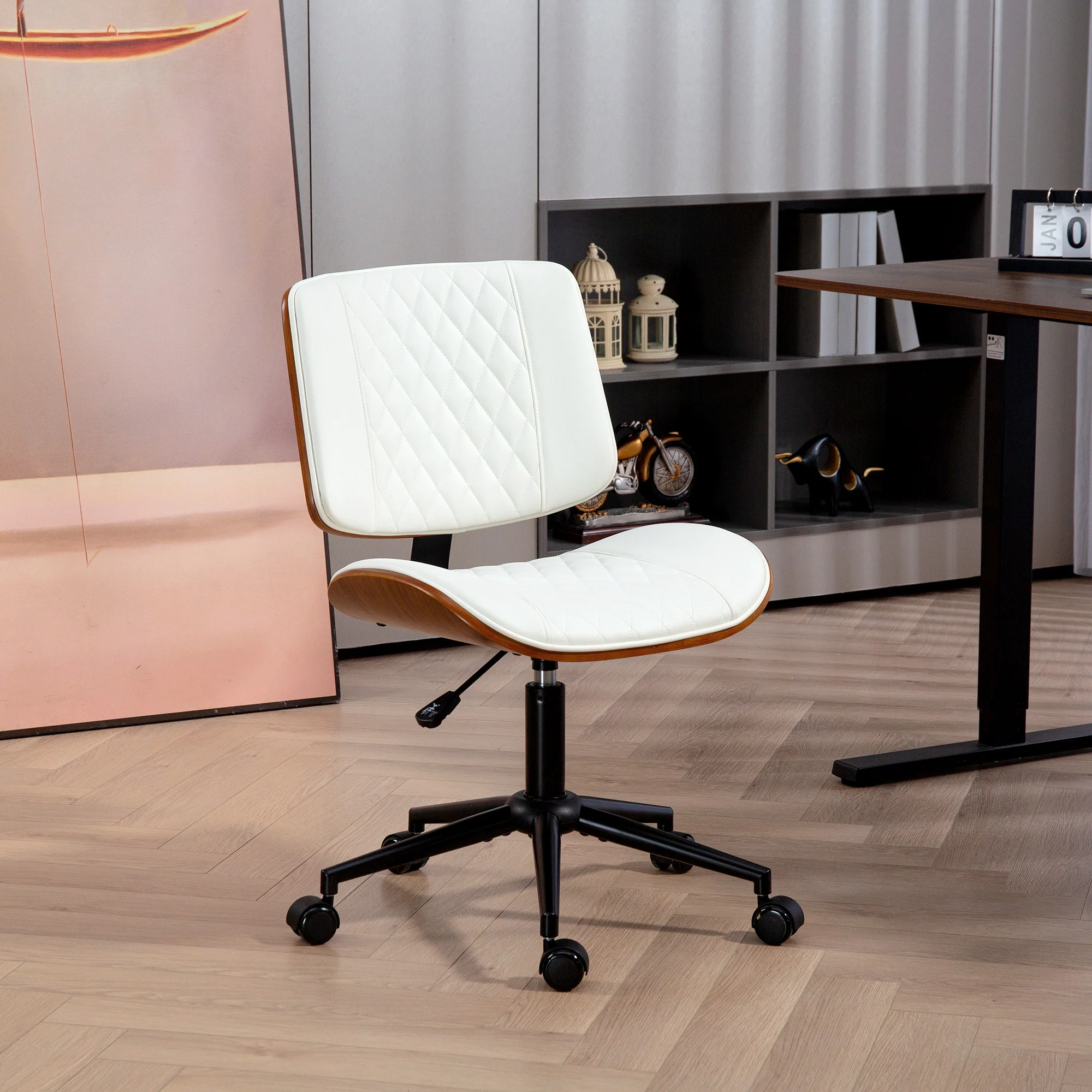 Armless Office Chair, PU Leather Mid Back Desk Chair with Adjustable Height, White - Image 4