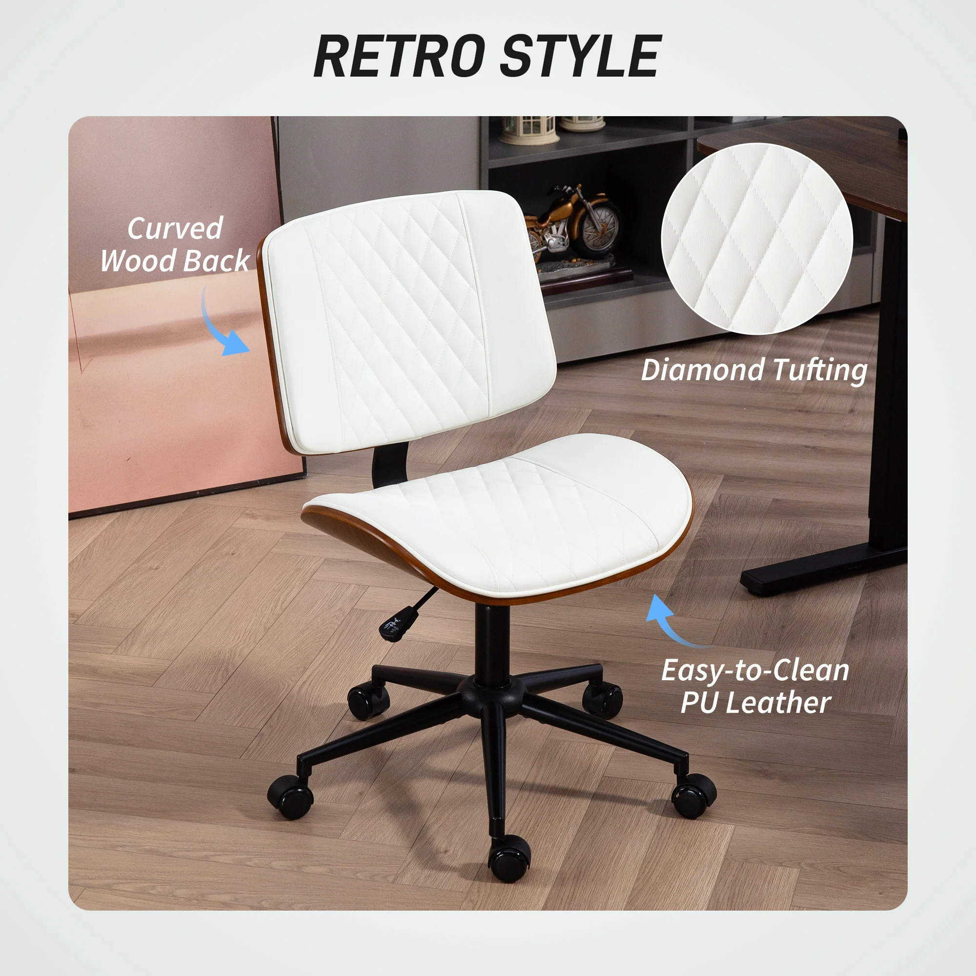 Armless Office Chair, PU Leather Mid Back Desk Chair with Adjustable Height, White - Image 6