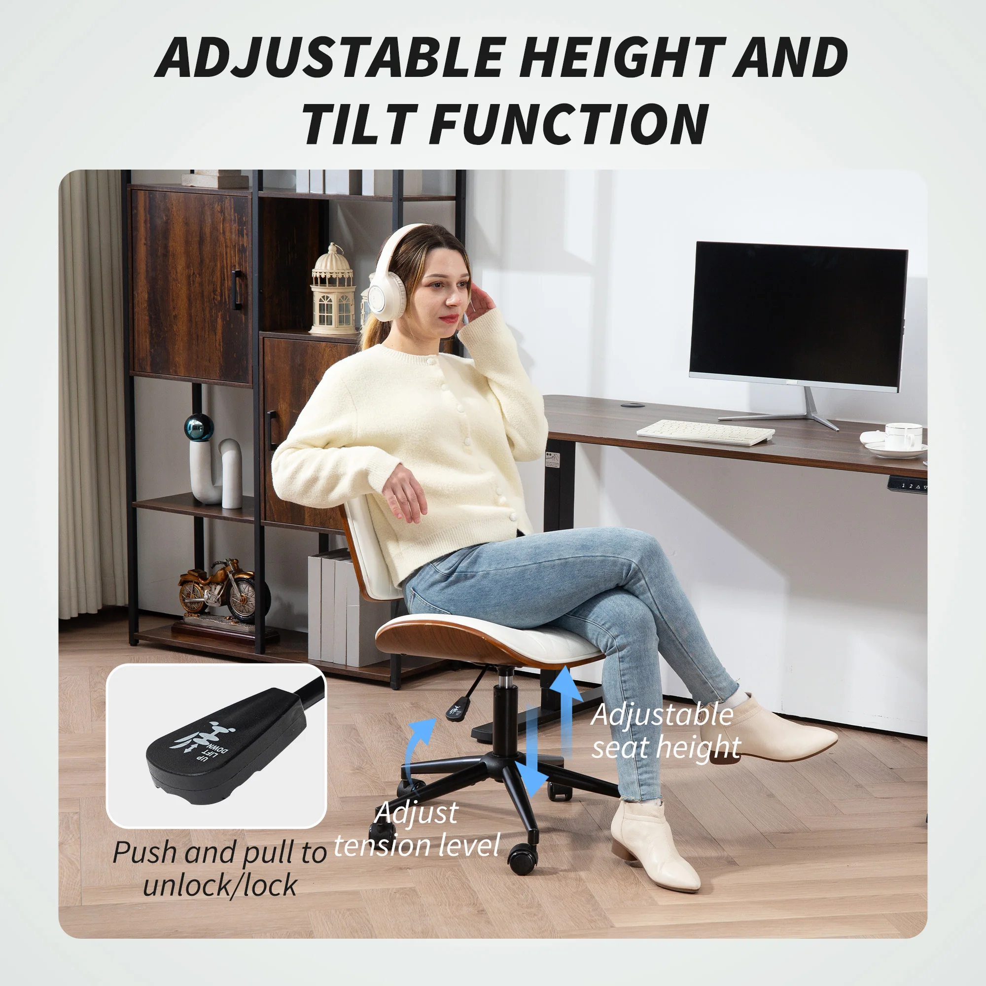 Armless Office Chair, PU Leather Mid Back Desk Chair with Adjustable Height, White - Image 8