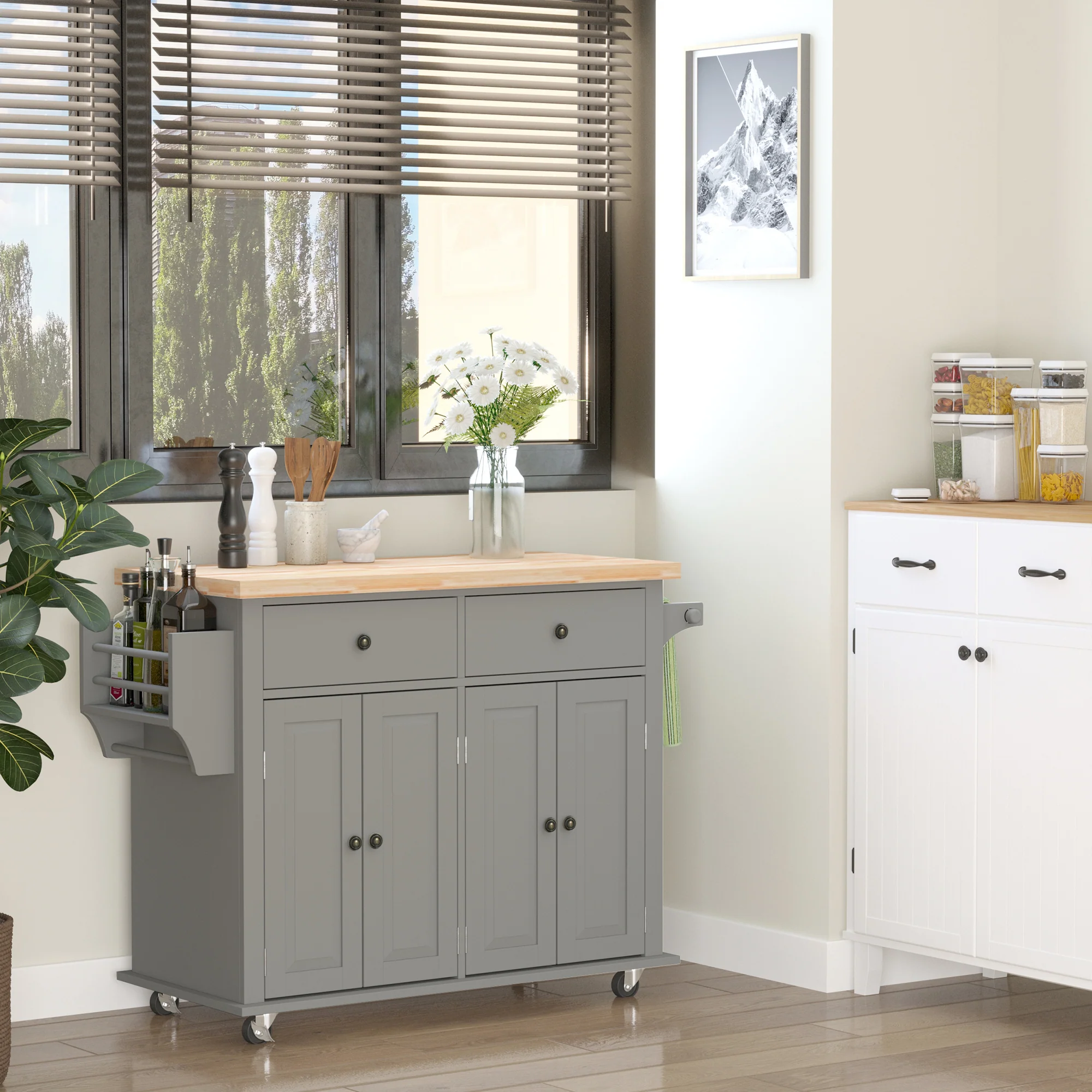 GlideSpace 44"W Butcher Block Cart, Movable Kitchen Island with Cabinets, Grey - Image 10