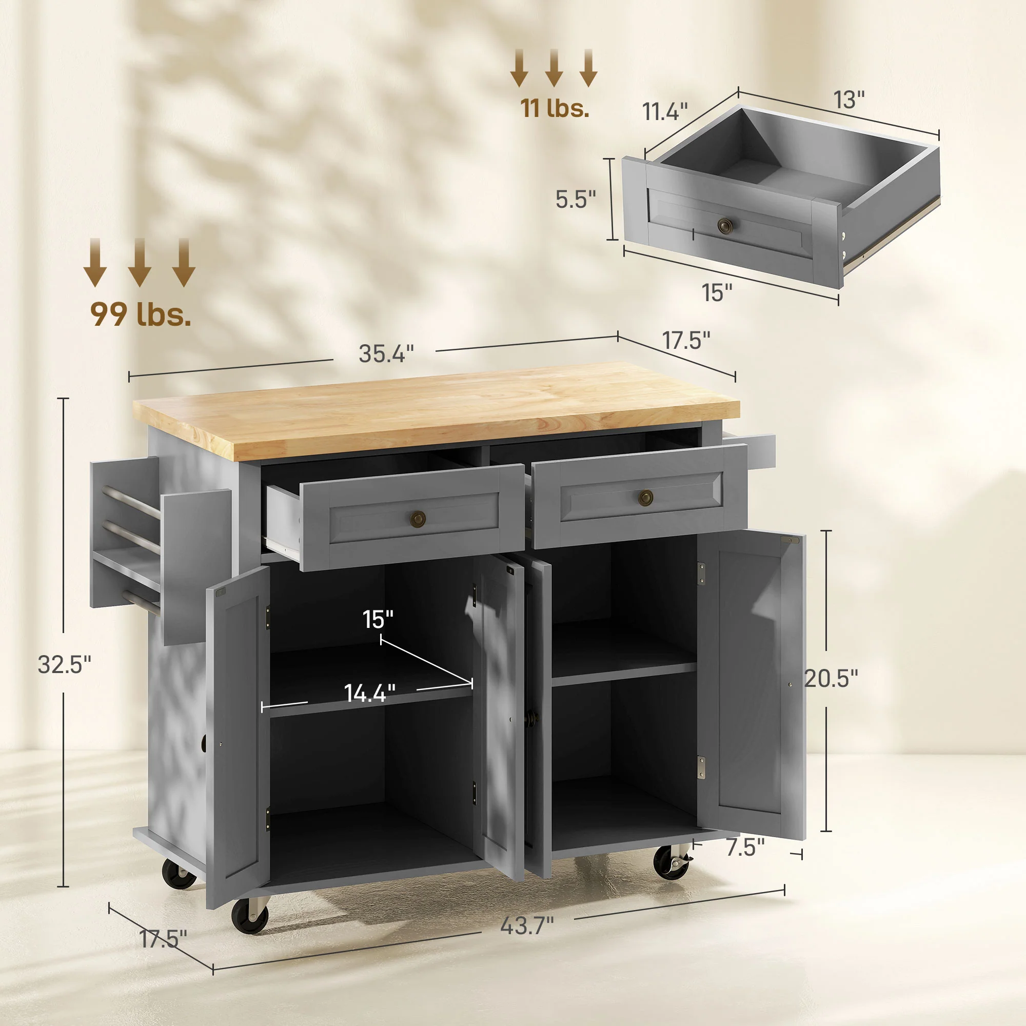 GlideSpace 44"W Butcher Block Cart, Movable Kitchen Island with Cabinets, Grey - Image 5
