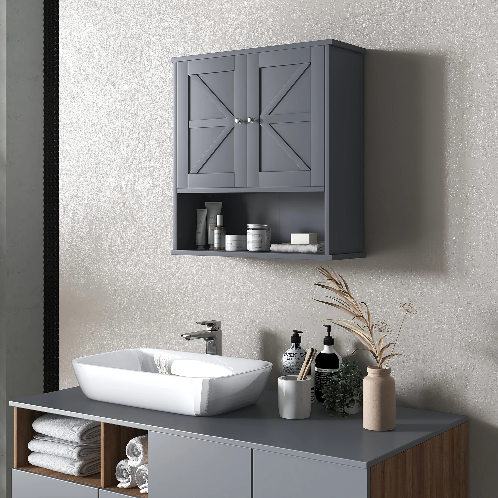Farmhouse Bathroom Medicine Cabinet with Barn Doors and Adjustable Shelf, Gray - Image 3