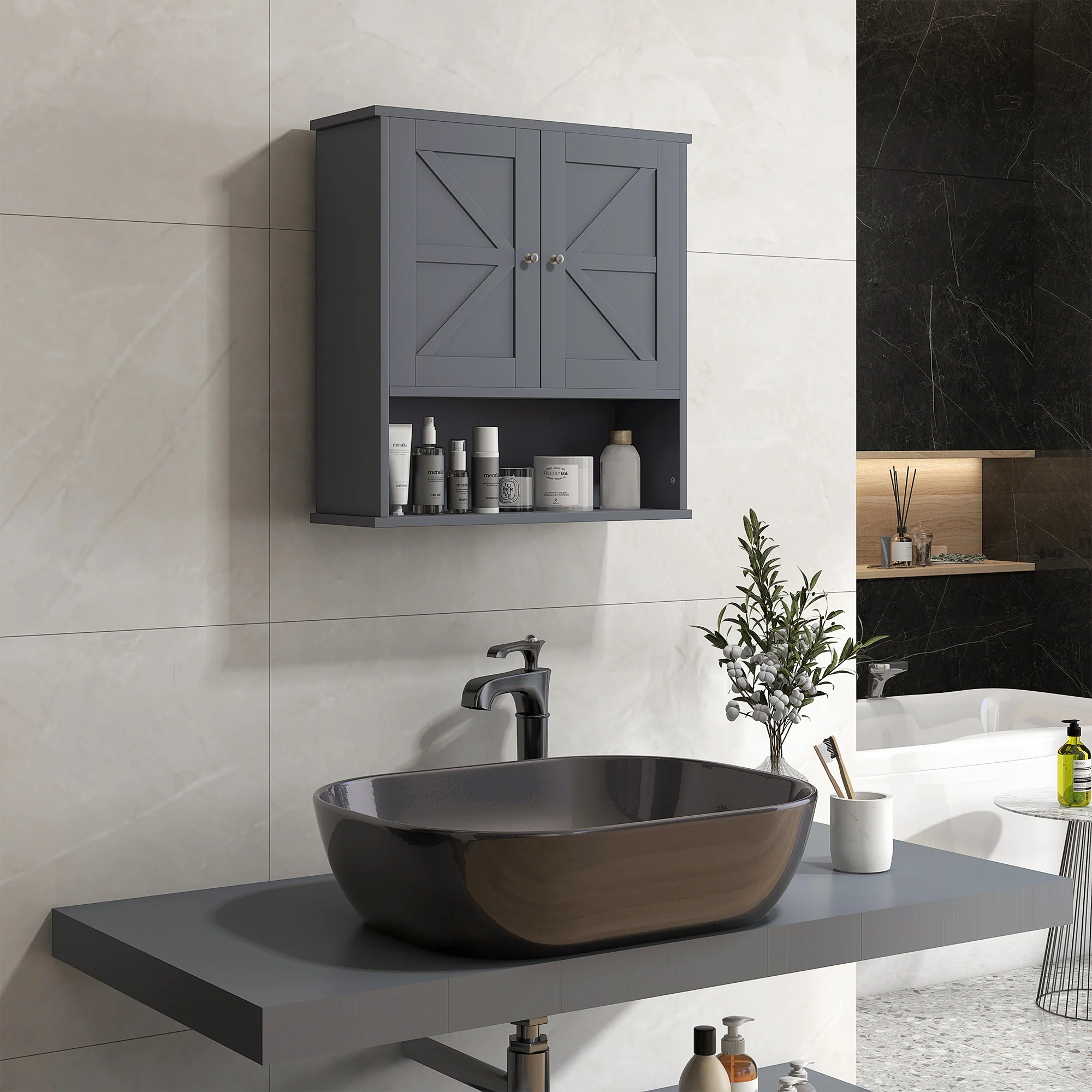 Farmhouse Bathroom Medicine Cabinet with Barn Doors and Adjustable Shelf, Gray - Image 4