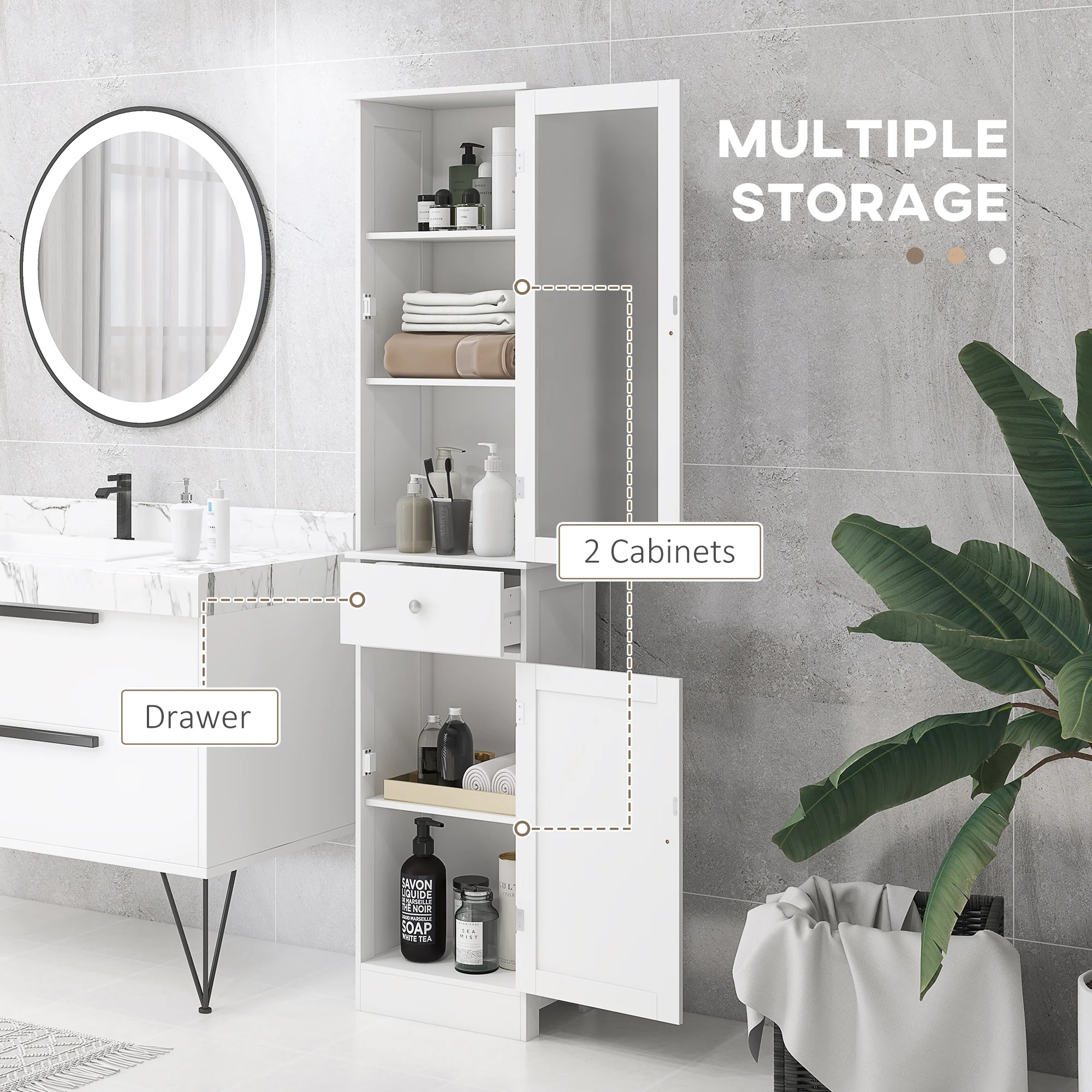 Tall Bathroom Cabinet, Narrow Storage Cabinet with Acrylic Door, Drawer & 3 Shelves, White - Image 4