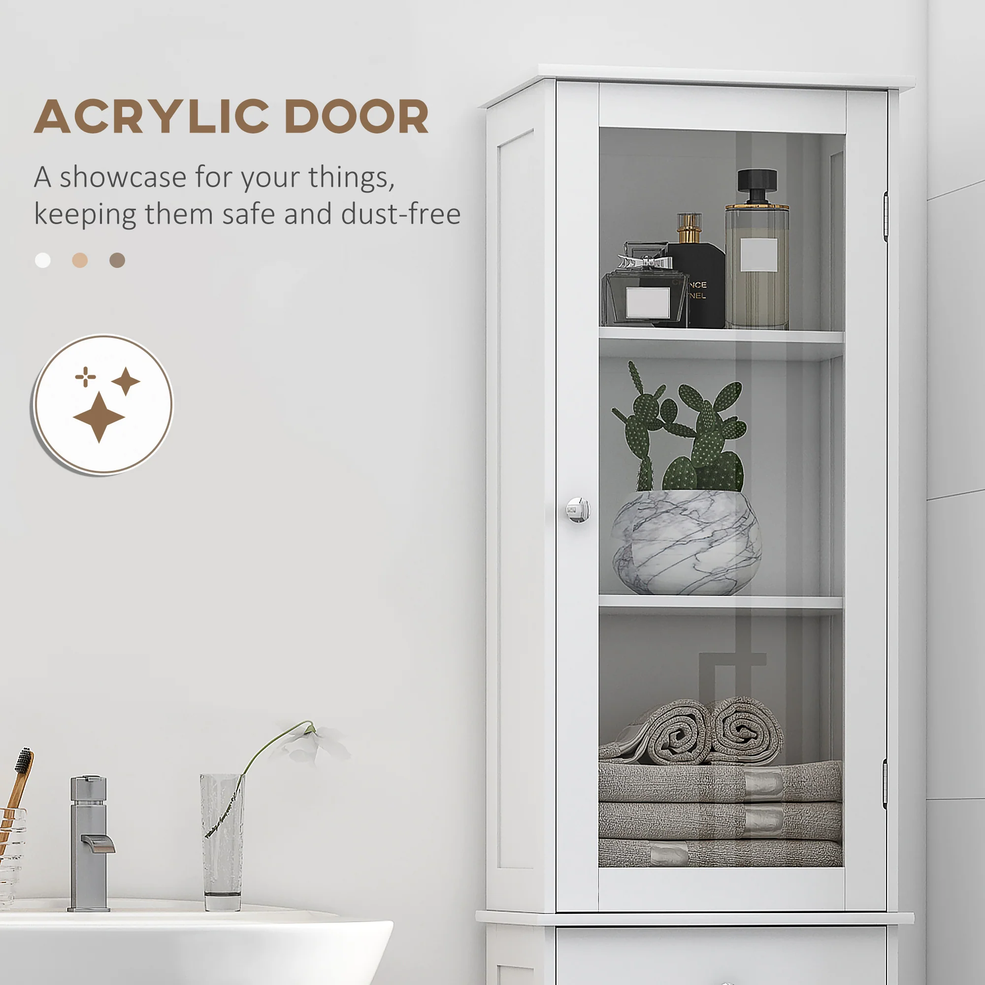 Tall Bathroom Cabinet, Narrow Storage Cabinet with Acrylic Door, Drawer & 3 Shelves, White - Image 5