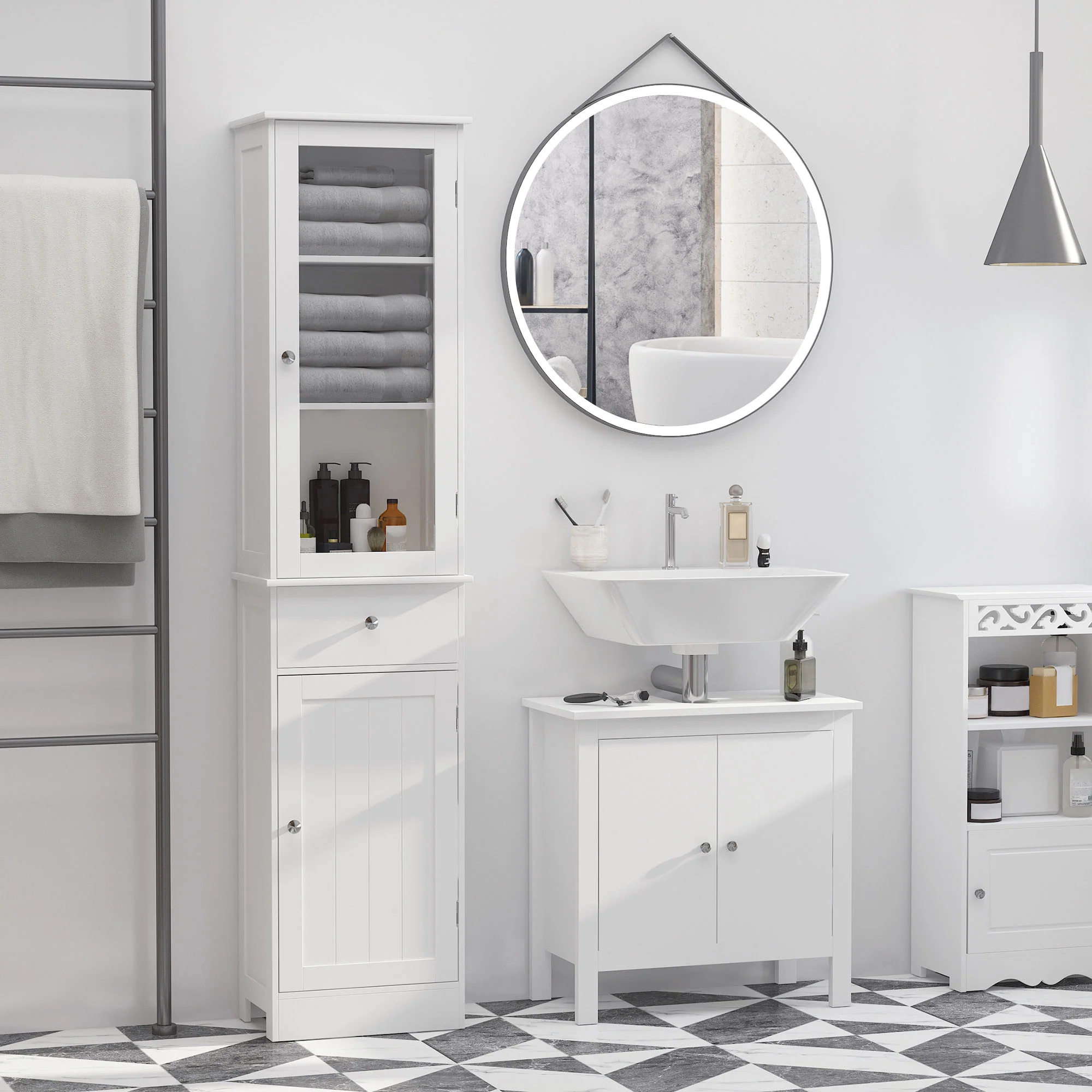 Tall Bathroom Cabinet, Narrow Storage Cabinet with Acrylic Door, Drawer & 3 Shelves, White - Image 8
